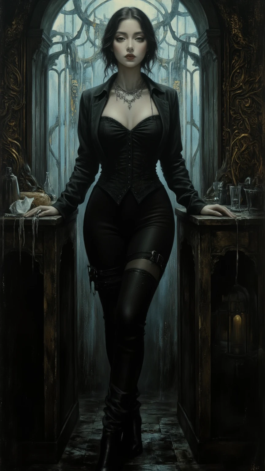 (Raw photo:1.2), (Photorealistic), Beautiful detailed girl, Very detailed eyes and face, Beautiful detailed eyes, Huge file size, High resolution, Very detailed, Best Quality, [masterpiece:1.6], Illustration, Very detailed, Fine detail, Best Quality, 32K Wallpaper, intricate details, in a dak castle, spooky and grim atmosphere, witch, short height, large breast, sexy revealing dark clothes, full body photo, sitting, legs open