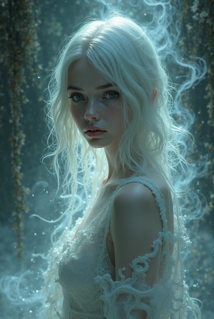 Super realistic picture of a superhero girl with long white flowing hair, captivating white eyes and a dress of semi-transparent silk and chiffon and a super headdress like an devil. The dress is in vivid white and white colors, with jagged edges that emphasize the ethereal beauty of the woman. Create an image with transparent and shiny water bubbles on a background with a mix of fog, including shades of gray and hints of white. The image should include highly detailed water drops of different sizes and reflections, suggesting depth and realism. Include elements of seaweed in different shades of green, with some leaves partially submerged in water drops to enhance the underwater effect, masterpice, UHD, 18K