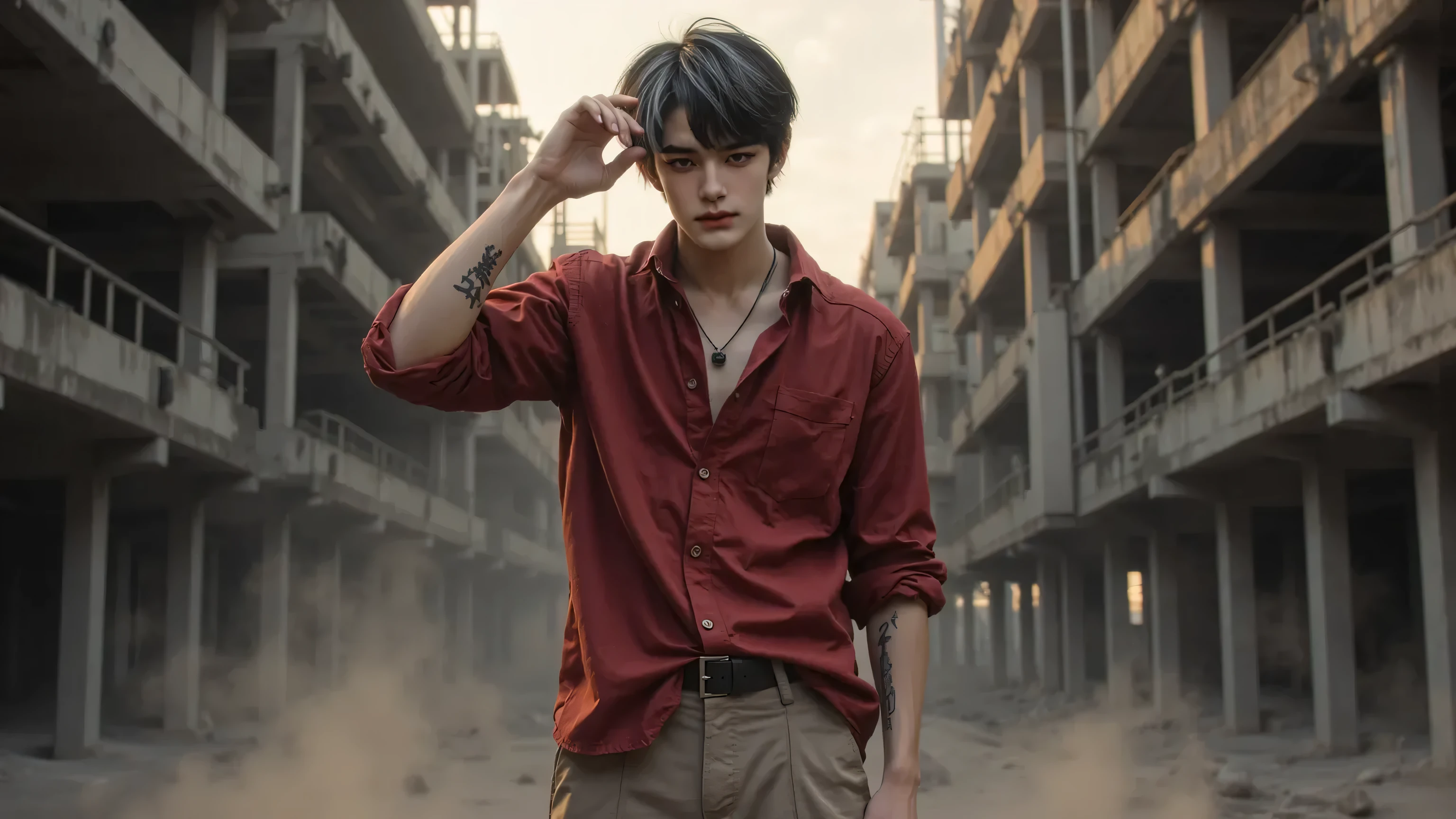 A anxious young man. Very slim and skinny. Sad face. Despair. Messy black hair. Fair skin. White dirty t-shirt. Dirty jeans. In a postapocalyptic world.