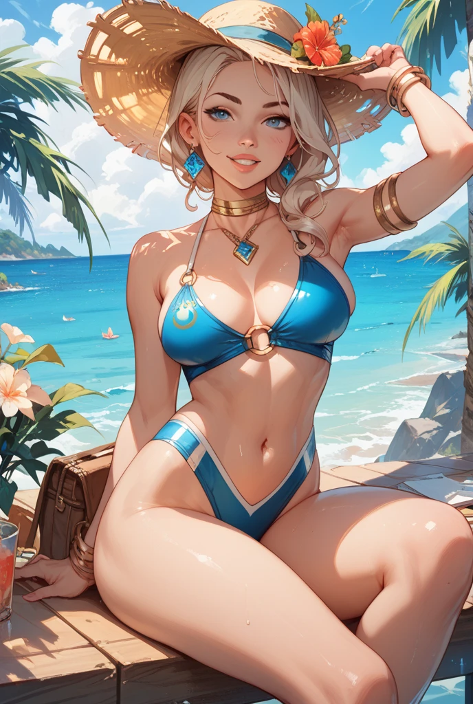 (Highly detailed CG Unity 8k wallpaper, masterpiece, highest quality), staring at the viewer, (beautiful adult woman sitting by the pool) (Yellow-green bob cut blue sun visor) (Cloudless blue sky, dazzling sun) (Big breasts yellow high leg yellow dress swimsuit sensational see-through off-shoulder) (hands of perfect proportions with one thumb and four fingers) Perfect proportions ( Perfect smile) Side boob realistic cleavage (bracelet anklet) Low angle (clean legs, clean skin, clean face) (shiny clean yellow eyes)