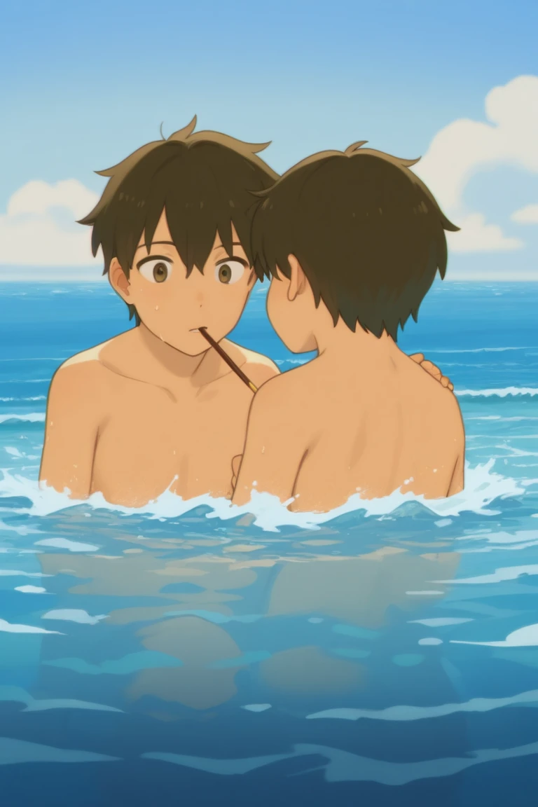 2 cute thin handsome boys 12 and 14 years old. Shirtless hugging in the water