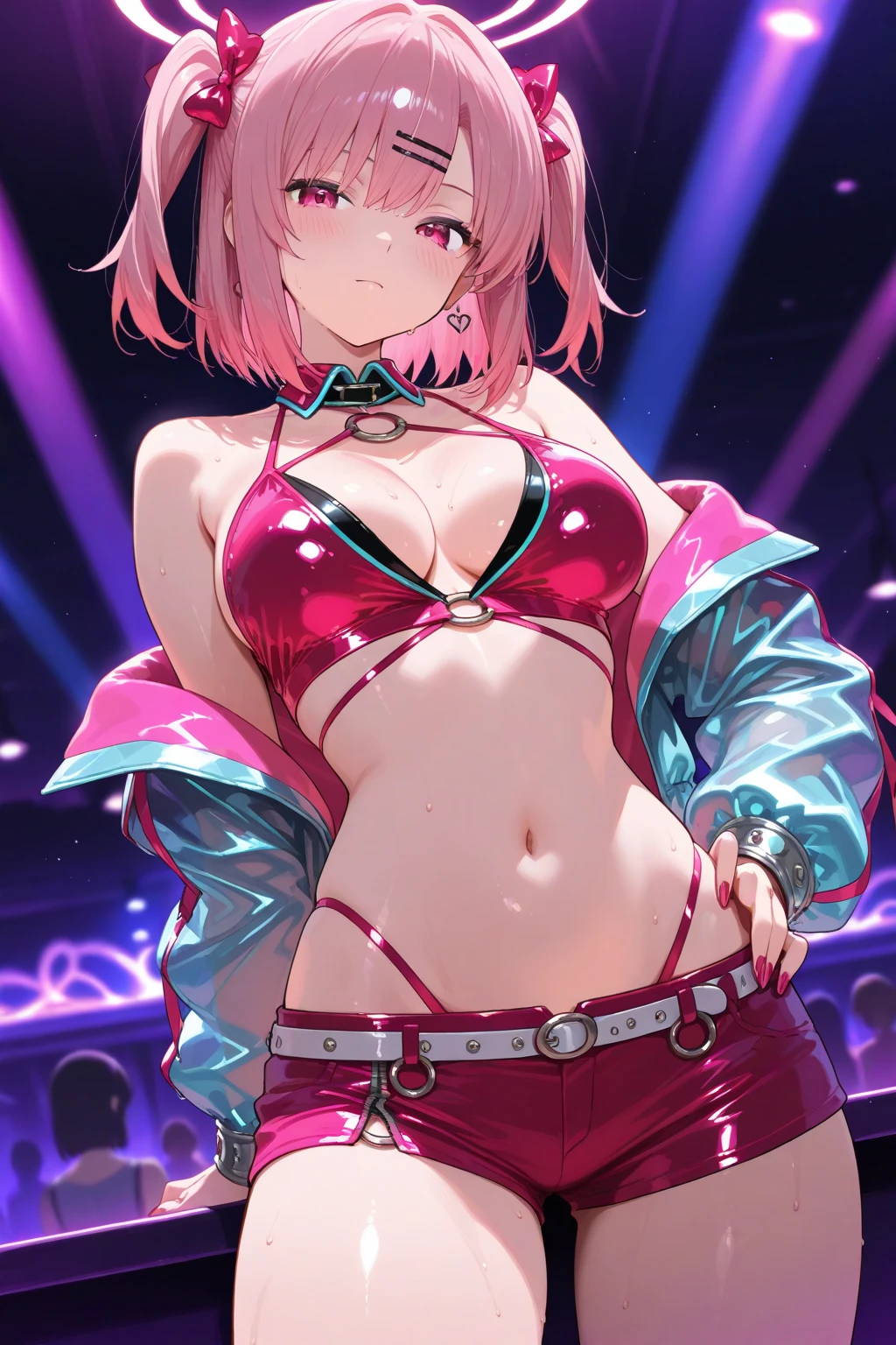 masterpiece, best quality, 1girl, (whore outfit), parted lips, (dark skin, tan), smiling, blushing, nightclub, shiny floor, colorful, ray tracing, perfect lighting, extremely detailed 8k wallpaper, detailed background, <lora:WhoreOutfit:0.9>