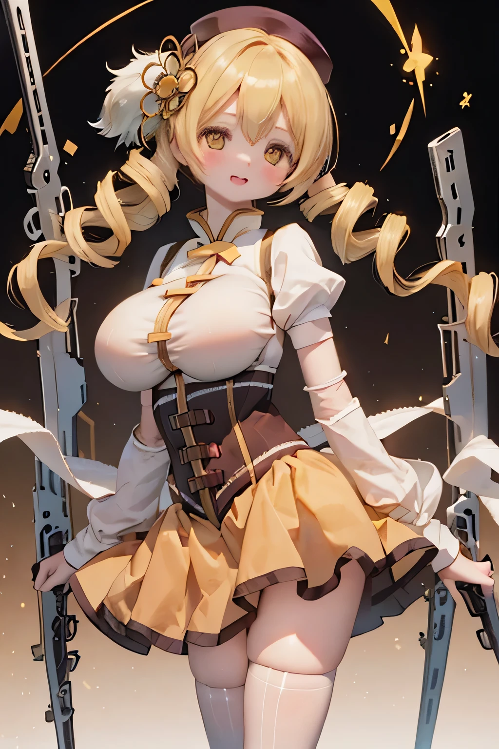 (best quality,ultra-detailed,masterpiece:1.2),expressive eyes,perfect face,beautiful Mami Tomoe,sofisticated pose,long pink hair,golden eyes, pink lips,detailed magical girl costume,dark background,glowing ,anime style,vibrant colors,mysterious aura cute (((((thick lips)))))full body Figure show your butt zoom tits