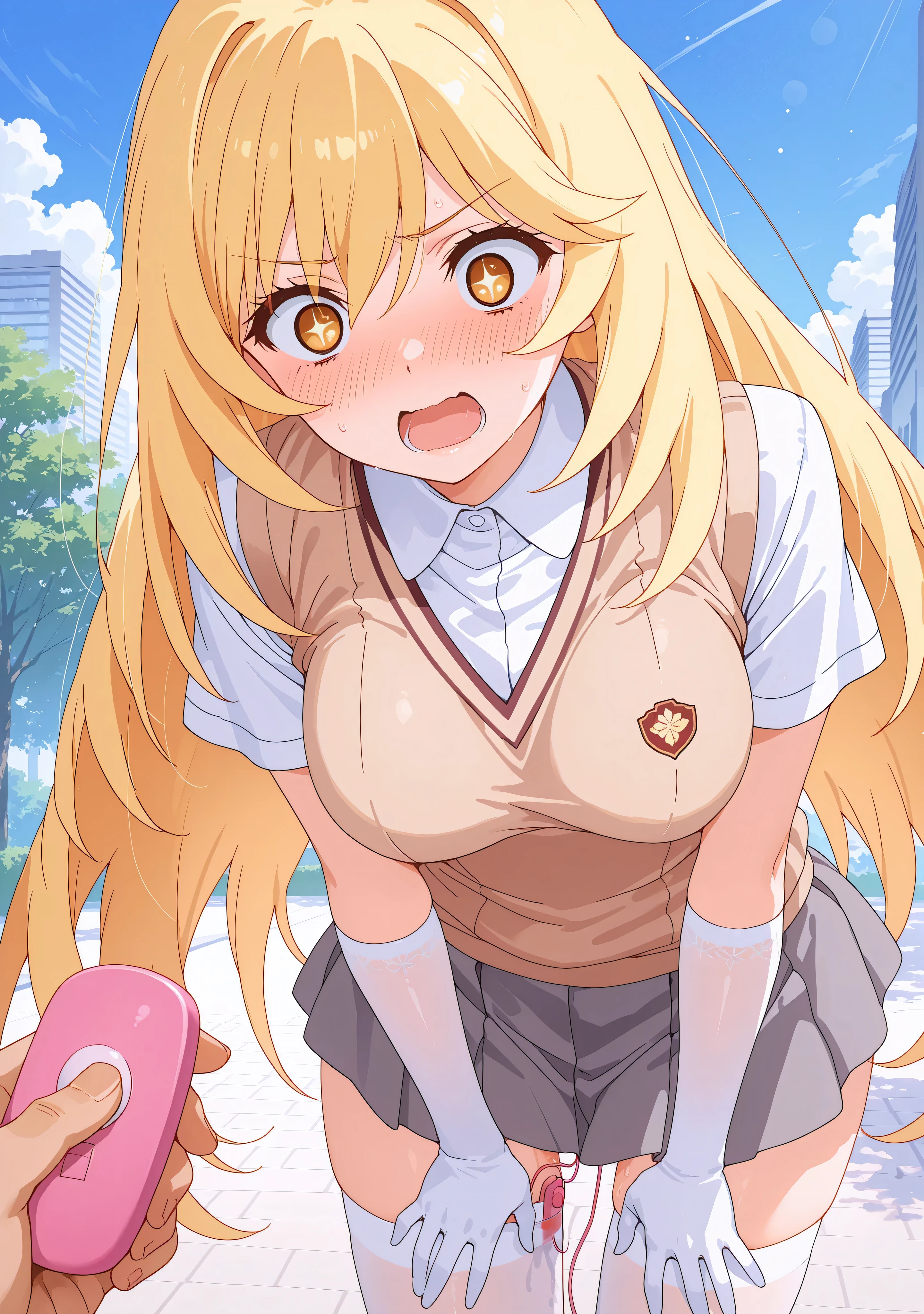 medium breasts、(((shokuhou misaki)))、arm gloves、white gloves、white thighhighs、standing、(leaning forward:1.3)、open mouth、screming、wide-eyed、hands on thighs、from front、embarrassed、white shirt、short sleeves、sweater vest、tokiwadai school uniform、grey skirt、mini skirt、outdoor、park、blue sky、shivibpof, remote control , pov, , pov hand, controller, remote control,  under clothes,  toy, 1boy, hetero, solo focus