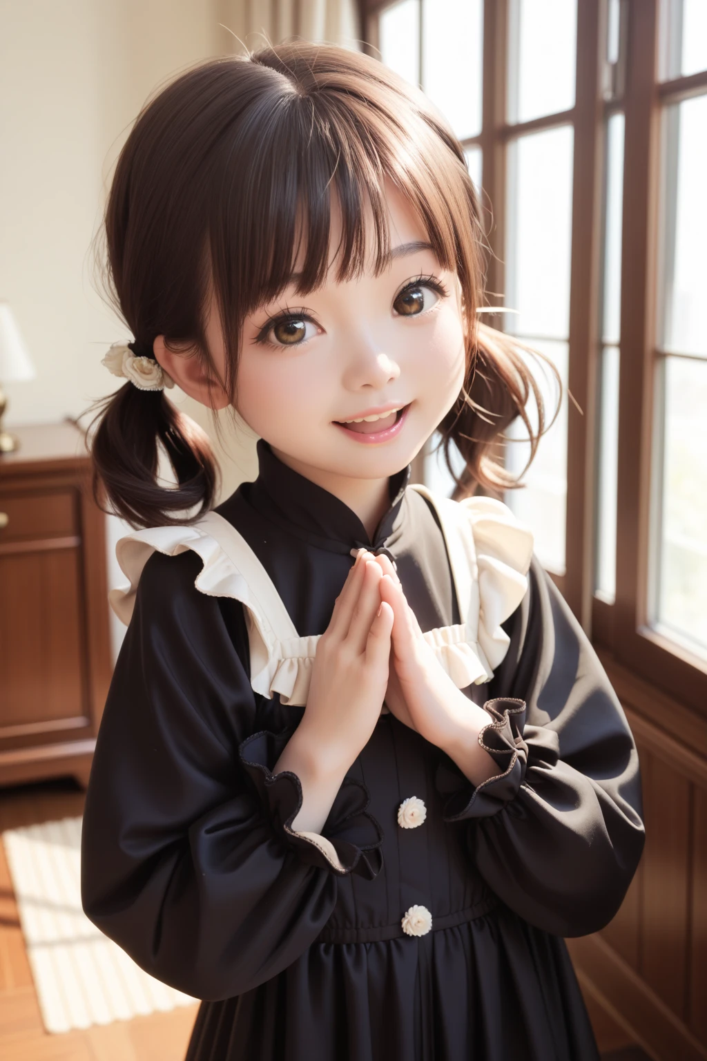 Detailed face, Cute face, Uekura, One Girl, Black Hair, White Background, have, dress, footwear, wing, Simple Background, sign, flower, Manicure, Wide sleeves, Long sleeve, blush, animal, white flower, alone, whole body, View your viewers, High heels, Frills, bow, bangs, ribbon, +_+, shoes, short hair, Grey Eyes, shoes, Blue Claws,
