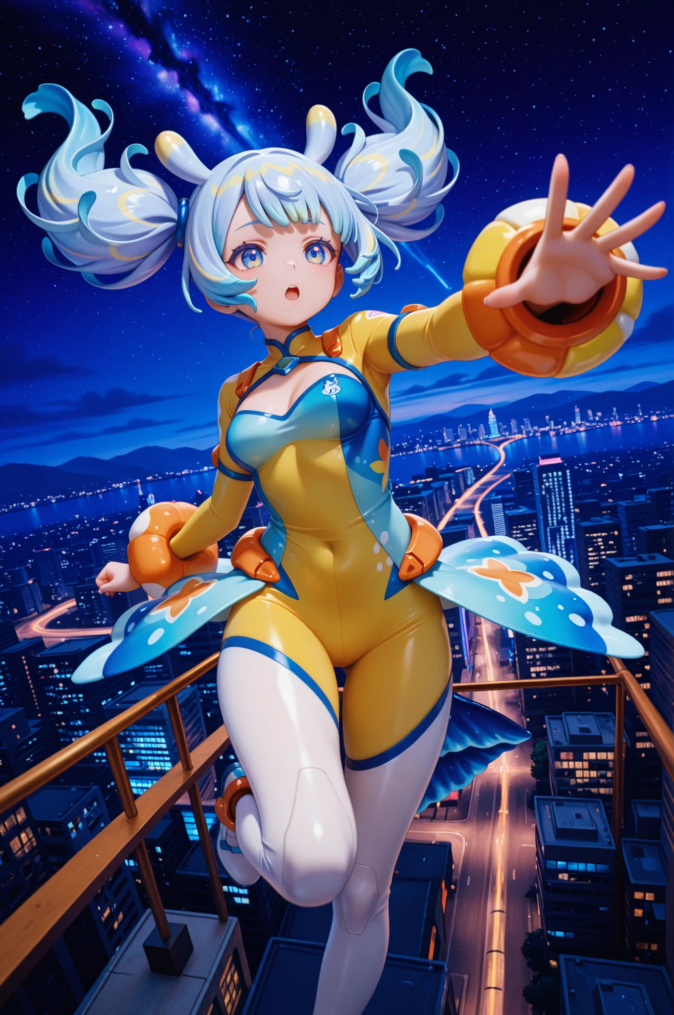 Aaeedah from Pakistan, short pigtails [noisette:.3] hair, masterpiece, high quality, highres, 1girl, solo, blonde hair, ponytail,  <lora:DynaGBlue:0.7>, DynaGBlue, standing between buildings, full body, light smile, breasts, gloves, giantess, giant, fighting stance, close-up, ferris wheel in background,