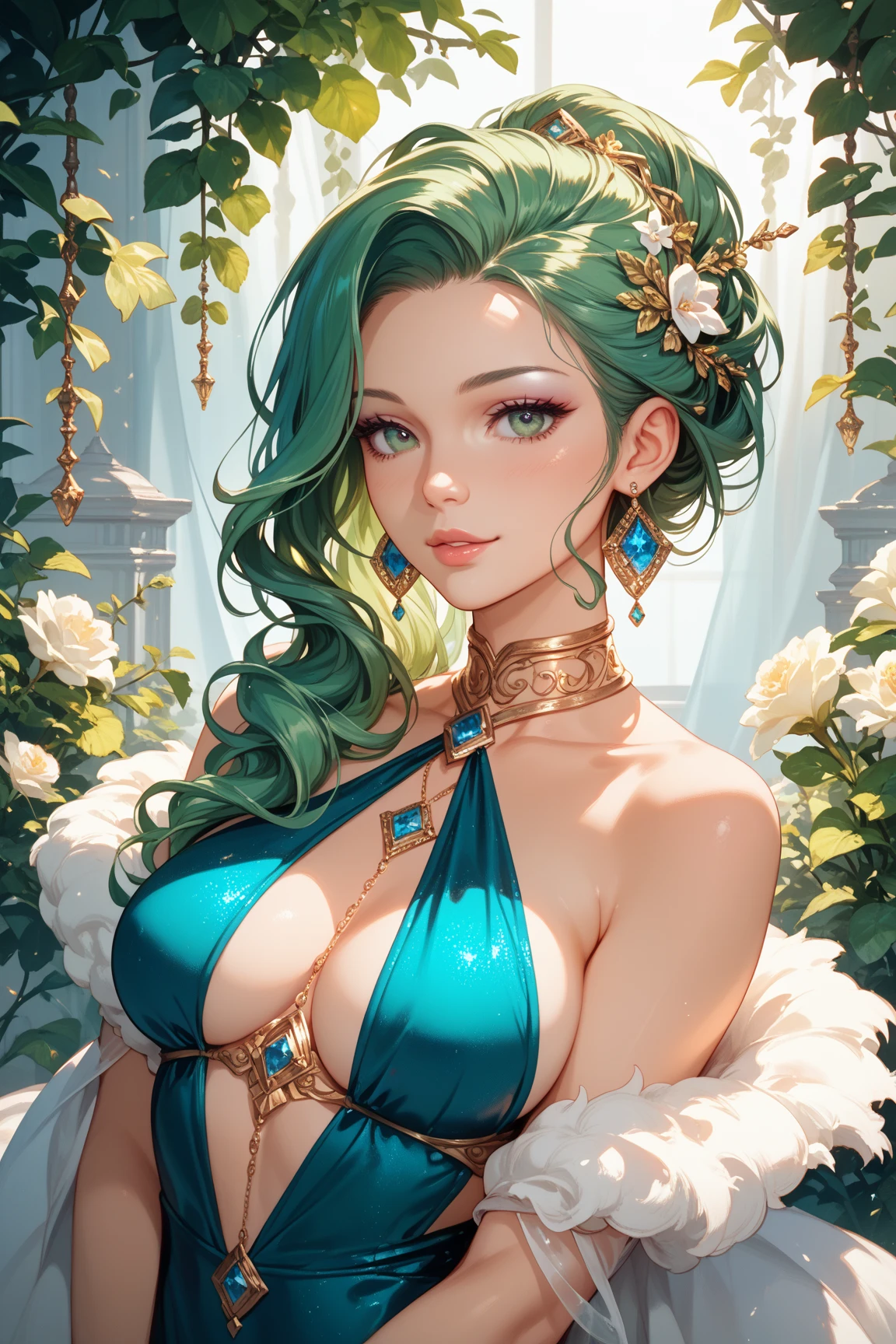 full body  of a beautiful ethereal woman, her very long magenta hair cascading down in soft waves, framing a face of extreme detail and elegance. Her eyes, big and colorful, boast three gradient teal shades of eyeshadow and eyeliner, accentuating her double eyelids and long lashes. Rosy cheeks adding a touch of warmth to her ethereal beauty, and her skins glossy texture shines in the cinematic light, highlighting each and every realistic pore and Wrinkle. Full lips adorned with golden glitter on her lipstick, complementing the magenta and teal jewels she wears around her neck and wearing ((Bold printed mini skirt with a ruffled hem, worn with a simple white t-shirt, slide sandals, and a pair of statement earrings for a fun summer outing)