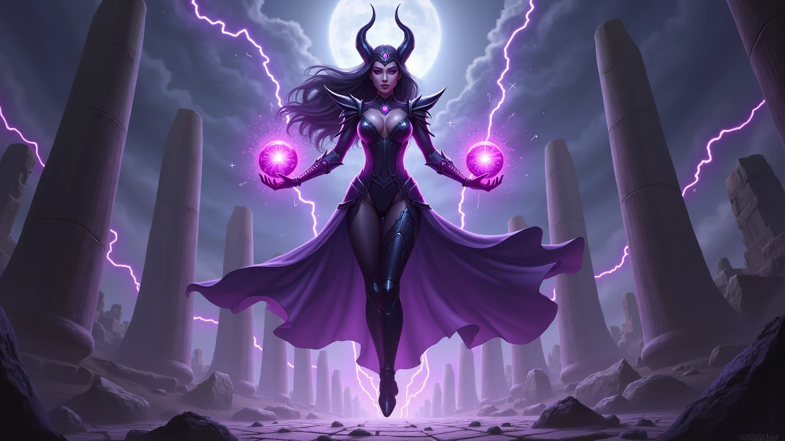 Deauxma : The evil nun, Demon horn on the head, Demon wings in the back , an evil red glow emanating from her, His hands preparing a sphere of purple energy, throwing lightning bolts at the panicked crowd, diabolique, insidieux, Context of the Satanic Church