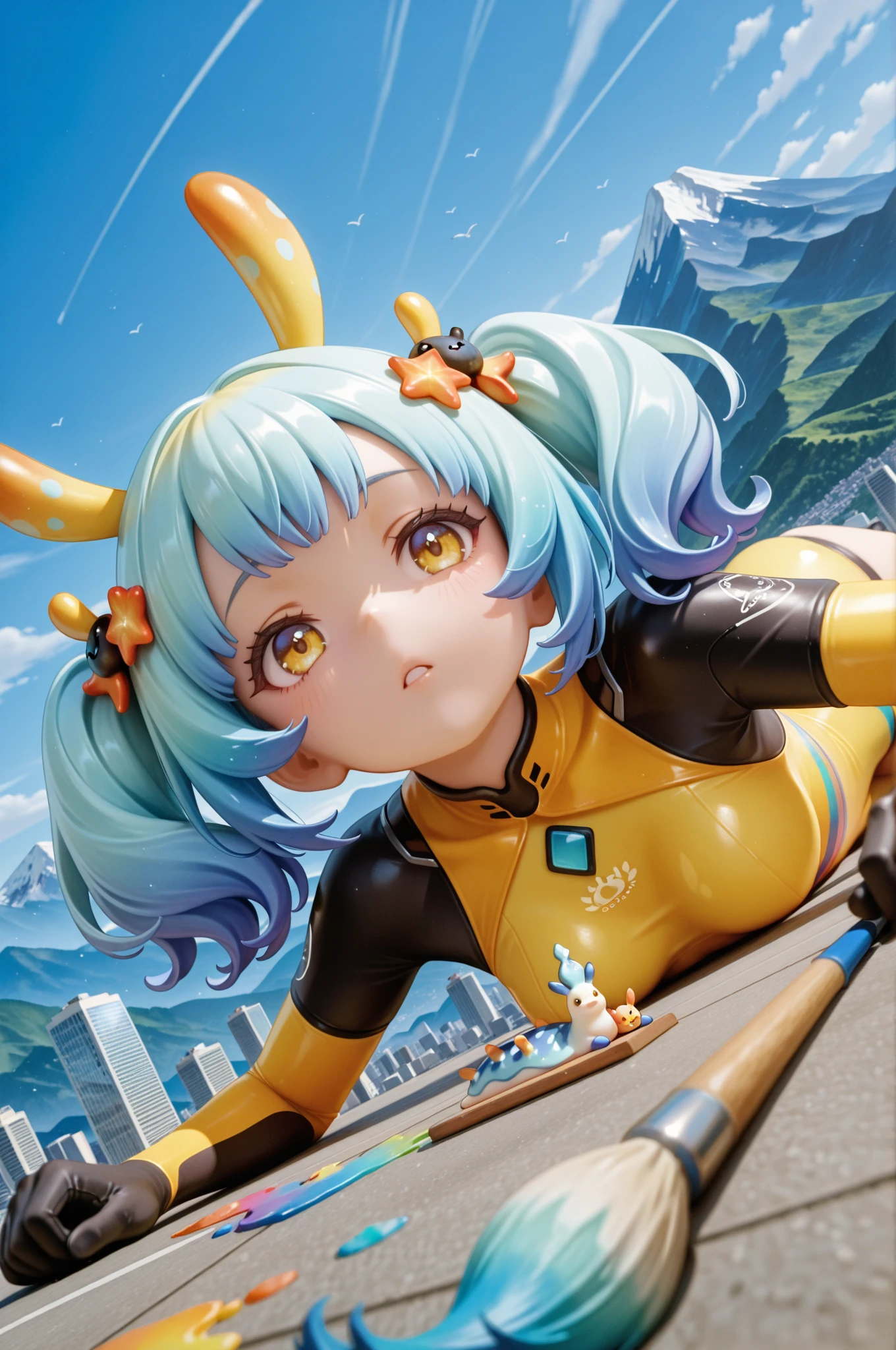 Splatoon Girl、Outdoor Girls,Golden Eyes、Big Breasts、Cleavage、 slow, Starry Sky, Panoramic View, Wind景, horizon, roof, Sitting on the roof, Wind,(Wide angle,Ultra-high resolution detail, Hyper HD, Super detailed, Attention to detail, Highest quality, High resolution, Awards, 8K),(Light)、Real Anime、3d