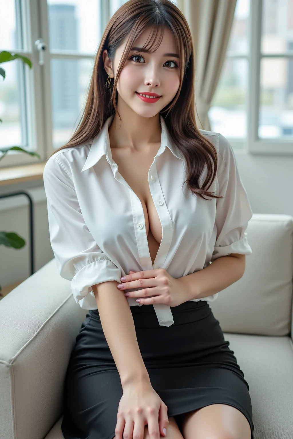 ((Realistic lighting、top-quality、8K、​masterpiece:1.3))、Clear focus:1.2、NSFW:1.6, nudde:1.6、1girl in、perfectbodybeauty:1.4、Slim abs:1.1、dark-brown eyes、((dark brown straight hair、hugebreasts:1.2))、(Acceleration:1.4)、Slender face, hyperdetailed face, detailed eye. double eyelid, subtle smile, looking at the camera, (24 year old:1.3), necklace, transparent button down shirt, mini skirt, front view, full body view, indoor room, sexy pose, cleavage