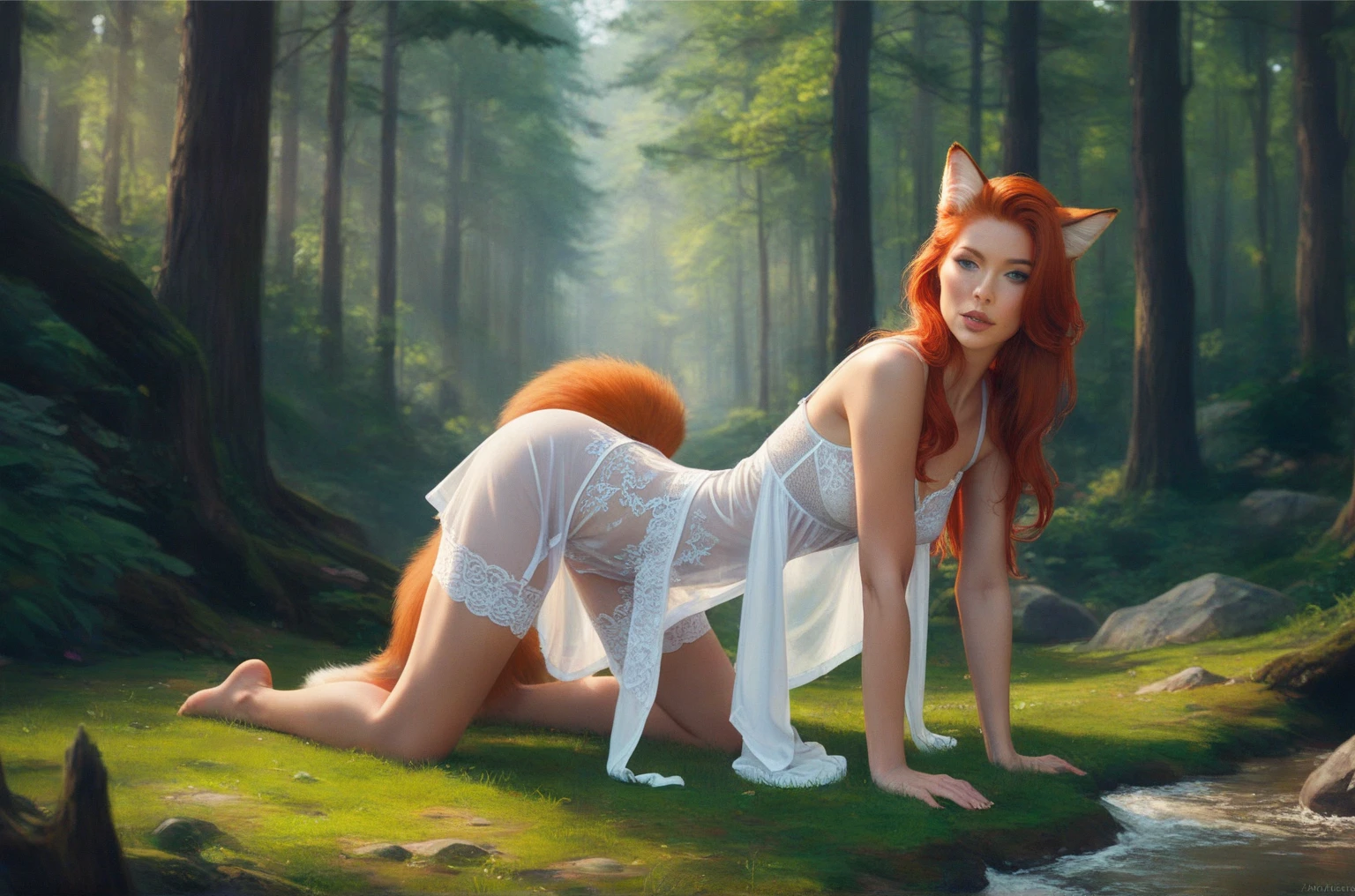 Feminine wolf, Red hair, white fur, Eyes red, NUDE, beautiful, on a lake, forest in the background, realisitic