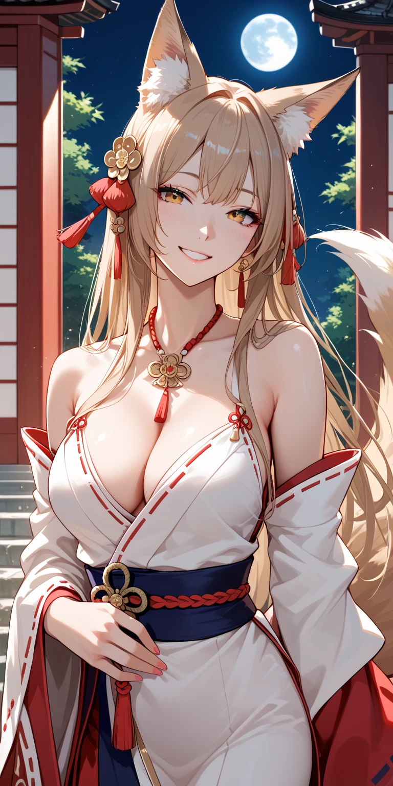1girl, masterpiece, best quality, medium full shot, blonde ponytail, (unbuttoned school uniform, ((bra)), busty), sexy lips, erotic pose, standing, smiling, ((nine tails)), (foxgirl), ((fox years))