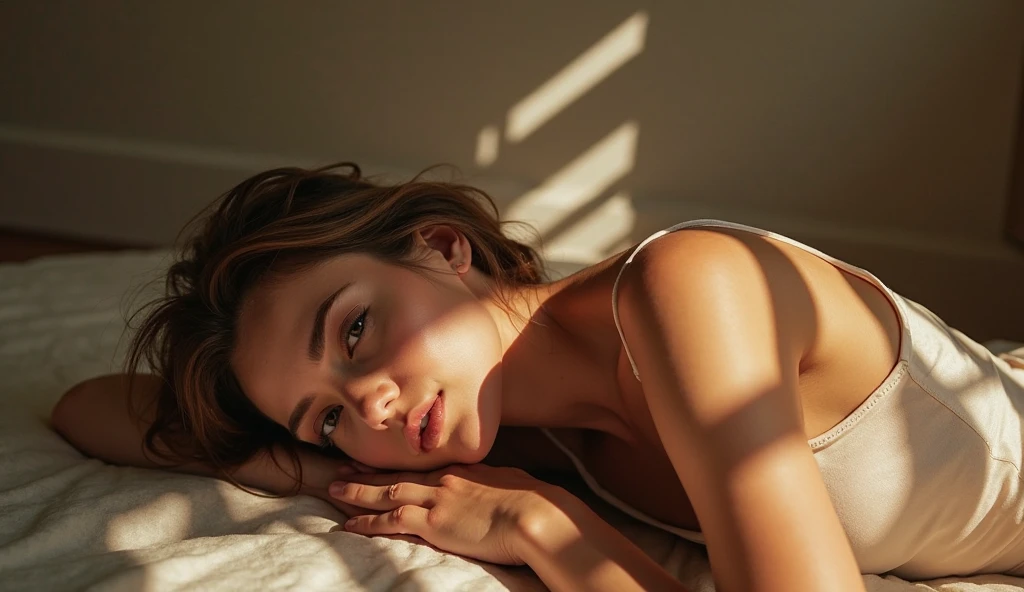 Young girl, laying on her bed, no bra, legs spread, realistic
