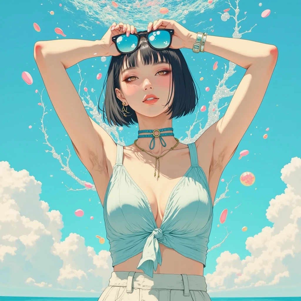 leaning back with hands out in the air,girl、high school girl、(masterpiece, highest quality, official art:1.2), (flat color:1.5),(colorful),looking at the viewer,1 girl,alone, white background, ,(2D:1.5) ,NSFW、Classic American traditional tattoo style 1girl cigarette,masterpiece,realistic,reality,highres, slim, fit, thin body, Bold lines, nautical elements, retro flair, symbolic