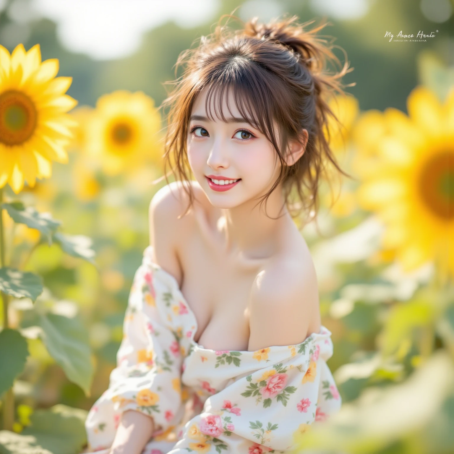 beautiful realistic girl with freckles and skindetails in flower field during golden hour, skin with beautiful nostalgic mood and freckles with emotive face with wet skin and petals falling