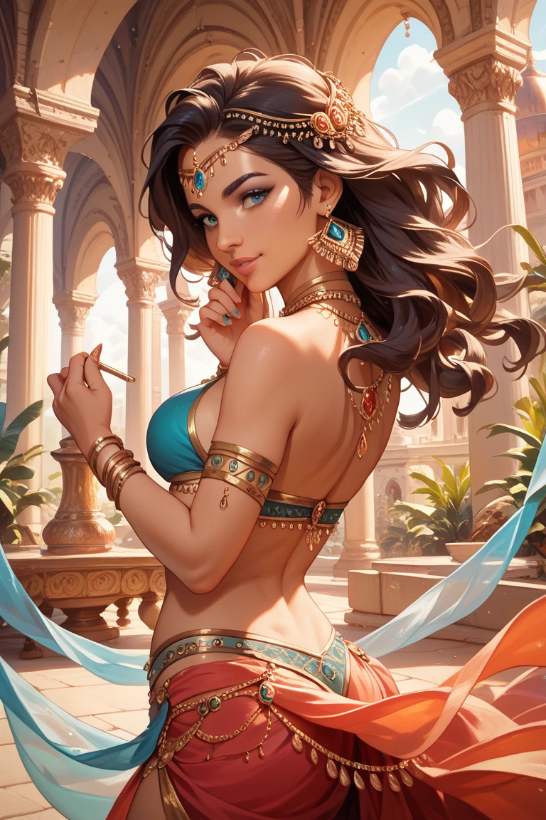 Full body pose, Latina, 40 years old Daisy Marie, 34dd's naturals, round firm butt, as a Egyptian Queen goddess with golden trimmed see-through body hugging skin-tight white dress, body silhouette seen under and ornated with Egyptian Royalty jewelry, masterpiece, best quality, highly detailed, official art extremely detailed CG unity 8k wallpaper, 8k resolution, absurdres, full body, female, queen, goddess, idol, solo, makihitsuji, short eyebrows, V v-shaped eyebrows, gradient_eyes, tsurime, heart-shaped mouth, lipstick, 2D blush stickers, blush, jitome, naughty face, nose blush, smug, thinking, seductive smile, smirk, grin, hair over shoulder, long hair, hair between eye, braided bangs, blunt bangs, shiny hair, hair behind ear, crescent hair ornament, hair flower, hair rings, bracelet, drop earrings, puppet rings, sapphire brooch, jewelry, necklace, bangle, pendant, stud earrings, sunburst, hoop earrings, gauntlets, arm strap, skirt lift, lace trim, spaghetti strap, armlet, nail polish, make up, stain glass, mosaic background, colourful glass, ceiling window, water vapor, city, temple, stadium, fountain, standing, arched back, head tilt, leaning forward, hand on own stomach, hand to mouth, looking to the side, dramatic angle, stare, look at viewer, cocked eyebrow, castle, swimming pool, tunnel, in summer, sun, sky, meteor shower, hills, on a desert, plateau, cliff, canyon, oasis, waterfall, stream