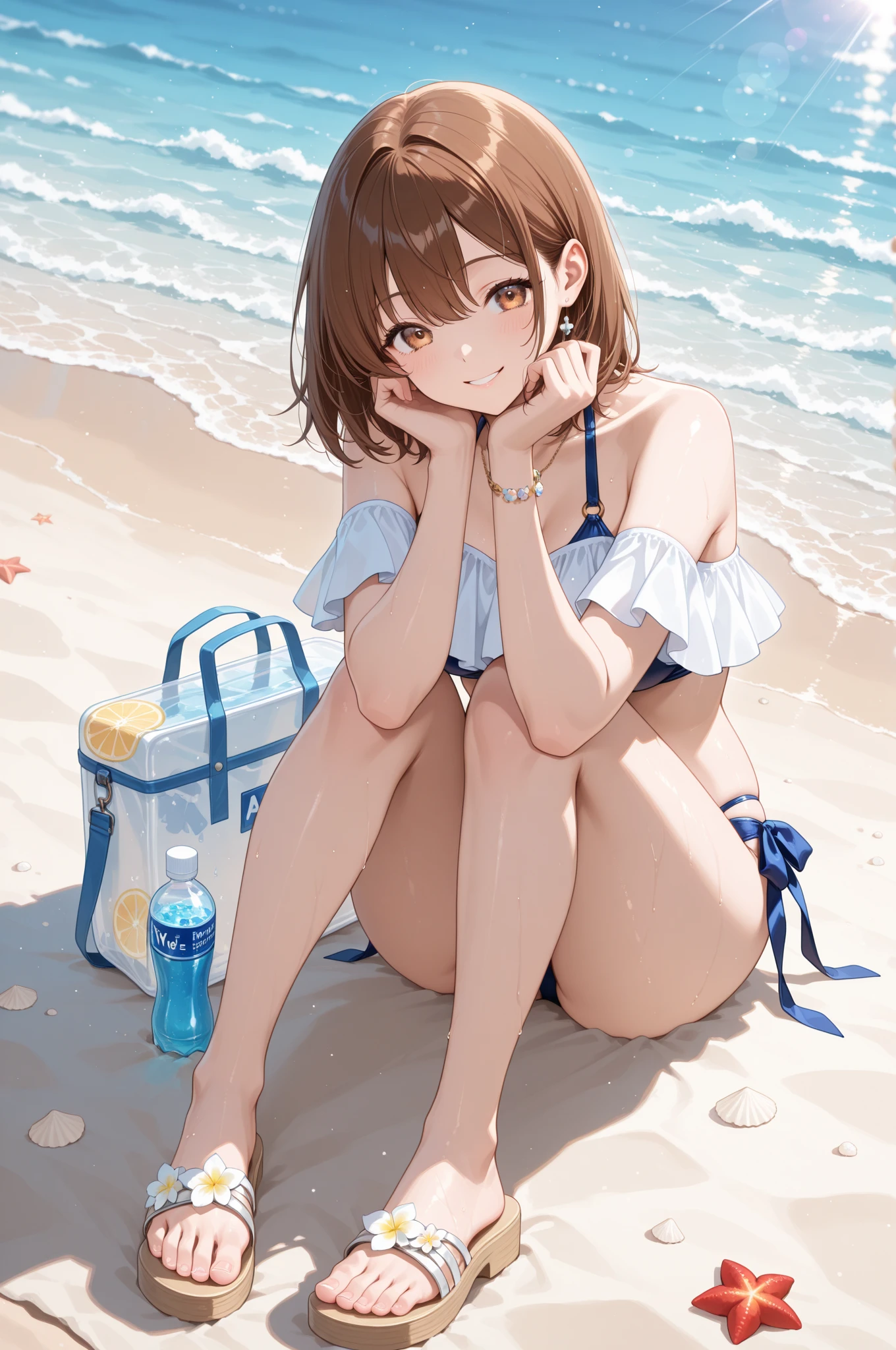 masterpiece, best quality, absurdres, perfect anatomy, 4K, 8K, anime key visual, official art, best quality illustration, (beautiful detailed eyes), (nice hands, perfect hands),
1girl,solo, <lora:Aoi2:0.6>aoisan,red eyes,ahoge, brown hair,
1girl,full_body,arm at side,Shinny_skin, light_skin,blush,skindentation,<lora:FrilledOnePieceSwimsuitV1:0.6>,frilled one-piece swimsuit
sunset,leaning forward, on rock,sitting,
ocean,beach,rock,waves,