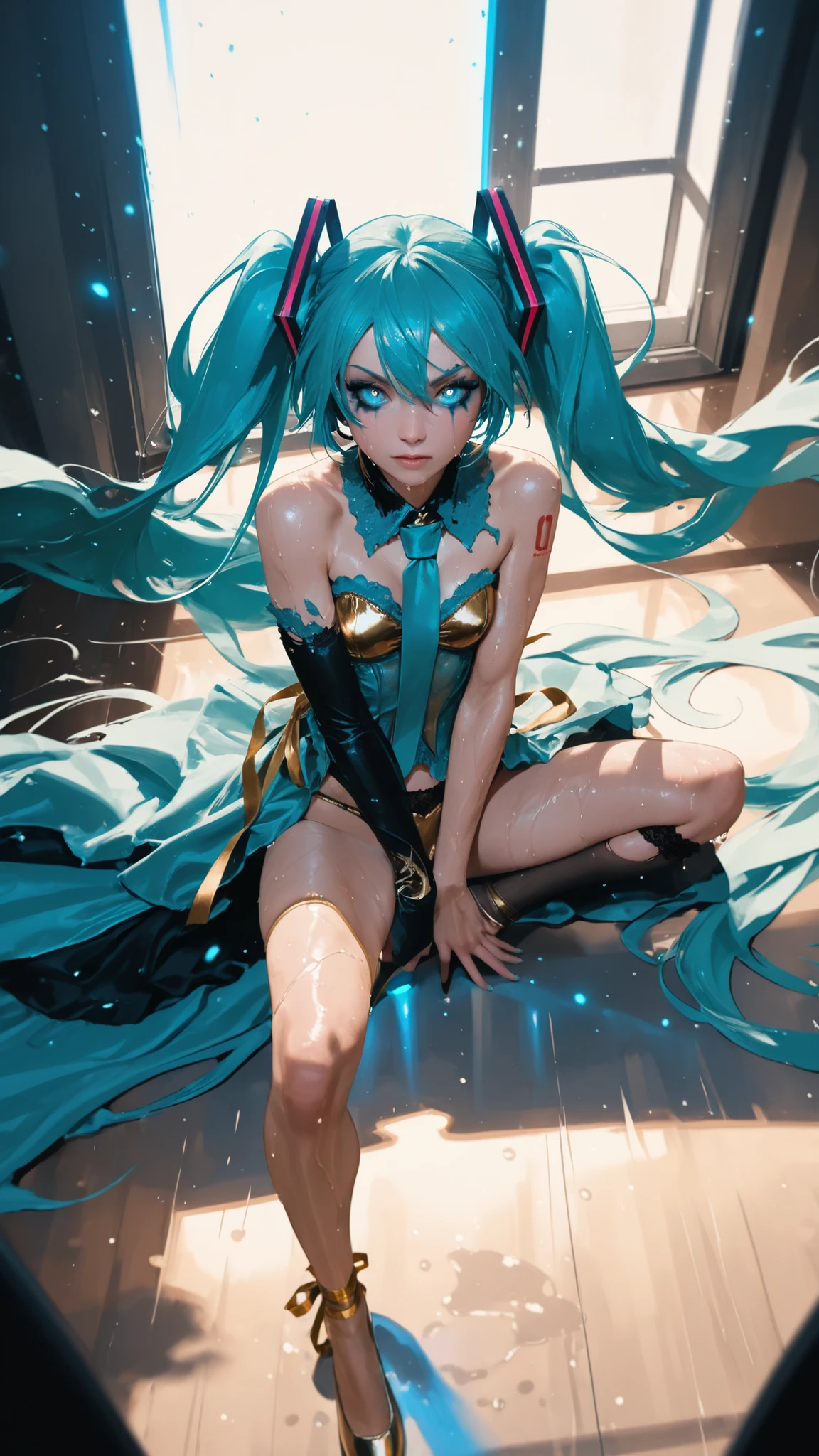Hatsune Miku disfrazada de dark magician gils. Pose sexy y sensual. Grandes tetas. Disfraz de dark magician gils 