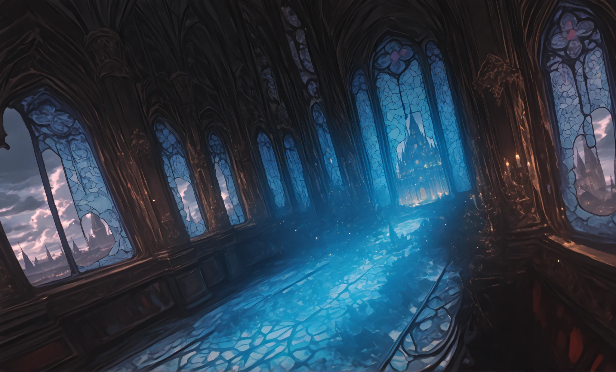 Stained Glassがたくさんある,밤のcheeses,Dark fantasy,Ready ,Room with many windows , VR Castle , cathedral , cheeses, Gothic Epic Library Concept , 大きなcathedralart nouveau オクタンンレンダー, Majestic Gothic Castle Interior ,Ready い部屋,Cloudy,Stained Glass,isometric cylindrical projection panorama 360,