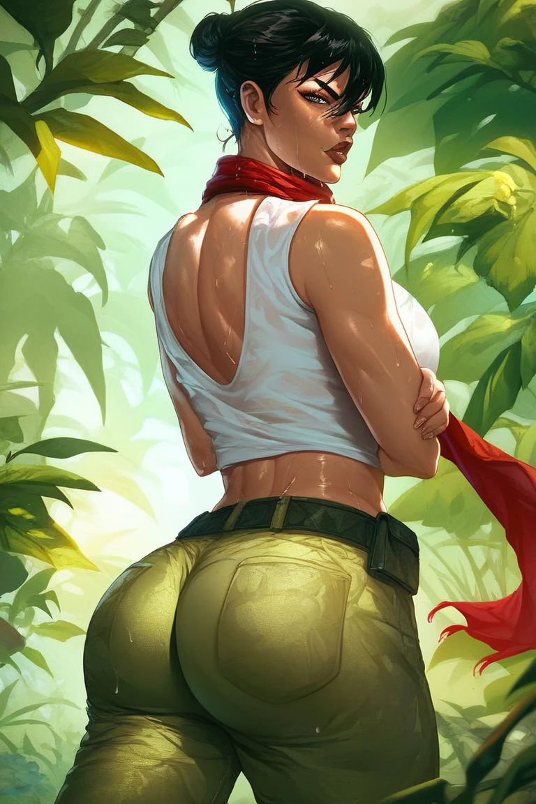 (1girl, Nani pelekai (naniwaifu), brown skin, large hair, sexy beautiful, detailed beautiful (curvy atletic body) (tight pants), standing next to a tree,(thicc, 🐎🍑), huge large tight buttocks), (tight outfit), cottagecore!! fitness body, tight attire, fit girl, toned derriere, big booty, mia kischner, two piece workout clothes, back arched, view from behind, back pose, curvy accentuated booty, arched back
