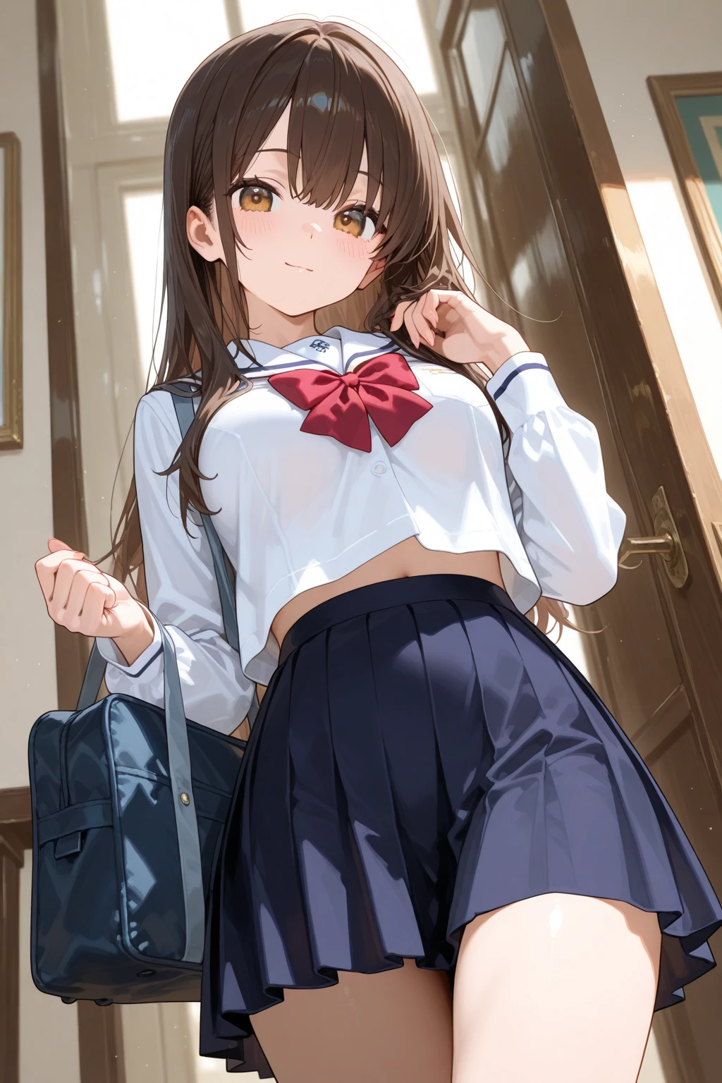 Best Quality,masutepiece,fullnude，look down on, Upper body，Strands of hair,Fair skin,‎Classroom，tiny chest、Take off your uniform, Bow, Red bow, Long sleeves, Shirt, Collared shirt, White shirt, Skirt, Pleated skirt, Black skirt, tiny chest、looking at the viewers, BREAK (masutepiece:1.2), Best Quality, High resolution, Unity 8k壁纸, (Illustration:0.8), (Beautiful detailed eyes:1.6), extra detailed face, Perfect Lighting, extremely details CG, (Perfect hands, Perfect Anatomy),A smile、(Skirt lift:1.3), (strawberry pattern panties:1.3)、(Skirt that rolls up:1.3)、(Fully exposed panties:1.5)