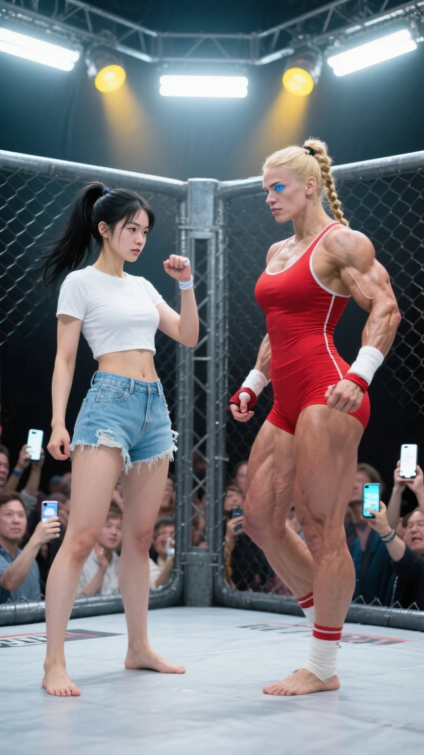 (Muscular young korean girl Marcelle Christina), arm wrestle, huge strong biceps volume, (flat chest), strong tonned exposed abs, muscular strong legs, bodybuilder muscles bursting in strength, exposed abs skin, (blue eyes), (short light grey hair), tight yellow tshirt and shorts, city background, (arm wrestle), skinny man