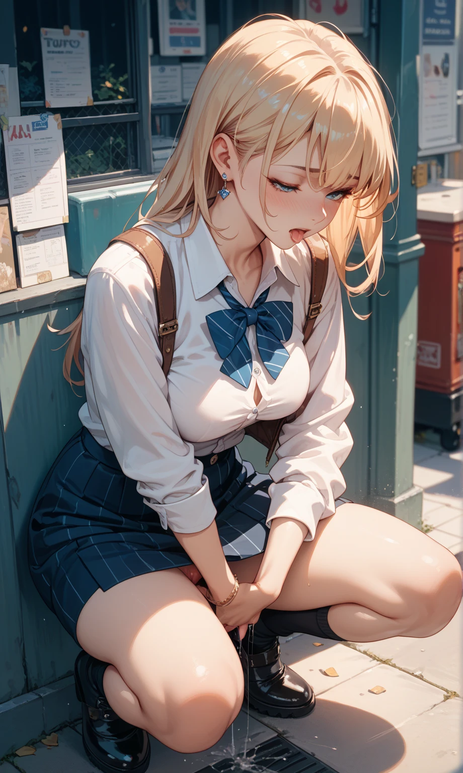 Character Focus、From above(school uniform:1.3), (Plain beige clothing around the waist:1.5), (West knot:1.3), (white collared-shirt:1.4), ((white collar, Unbutton, Short sleeve):1.2), (Red Plaid Pleated Skirt:1.3), ((necklace, Colorful Bracelets, ×Hair accessories):1.2),
Very detailed、(8k, RAW Photos, highest quality, masterpiece:1.2), (extremely detailed 8k wallpaper),shape、Professional Lighting,Sharp focus, Written boundary depth、
Browsing Caution、Clear Eyes、Perfect Anatomy、With a girl、15-year-old student、Black Gal(Dark Skin:1.2)、(Oily skin,Glowing Skin,Shiny skin,Sweat:1.2),smile、Plump thighs、Huge 、Fully exposed、Big Breasts,(gap between buttons:1.4)、Lift up your skirt、blue eyes、blonde、(Compensate:1.1)、(Black High Socks 1.3)、High socks and layered loose socks:1.6、Brown Loafers、sitting、((open legs:1.5)),On the street、Pastel colored pantiesが見えている、((Pastel colored panties))、((Shiny panties))、((Normal position:1.4))、(((Squatting pose))),((I was made to sit with my legs open...))、cowgirl position, squatting, spread legs