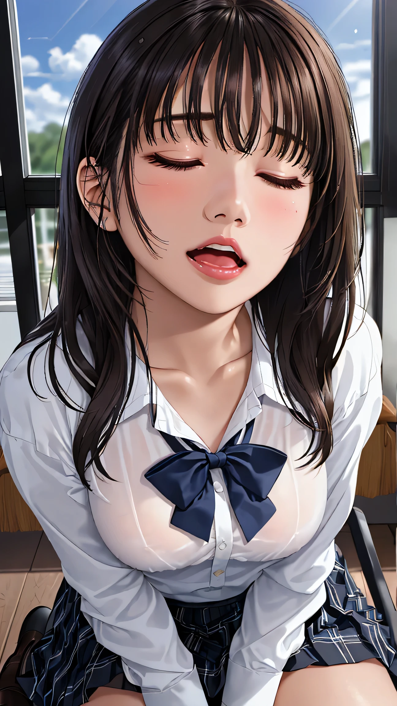 (best quality,ultra-detailed,highres:1.2),portraits,pov hands,grabbing breasts,closed eyes,casual_pose,no consciousness,school girl uniform,expressionless,shirt unbuttoned,boy wearing open shirt,innocent look、put her hands behind her head