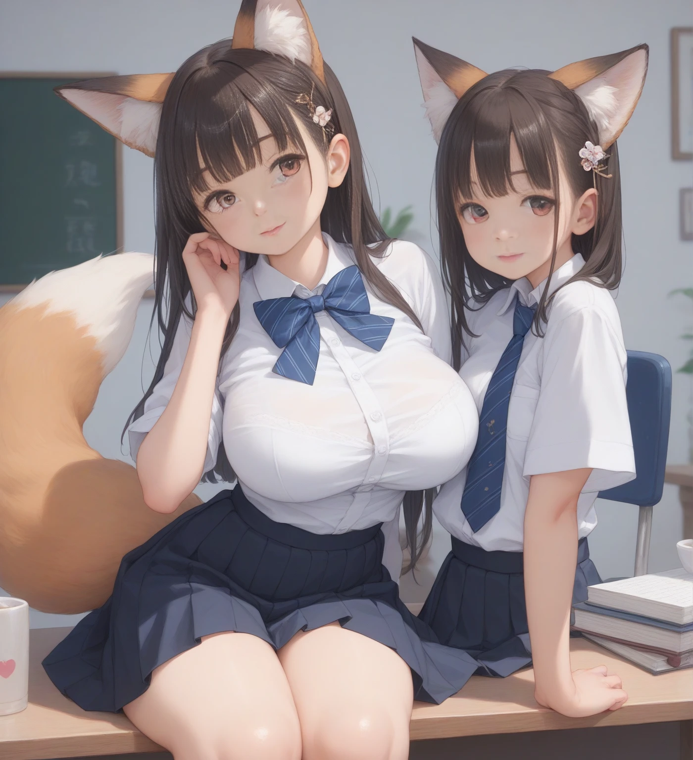 Ray tracing,{Best quality}, {{Masterpiece}}, {A high resolution}, Original, Extremely detailed 8k wallpaper, {An extremely delicate and beautiful}, realistic hand, one girl, good body proportions, cowboy shot, blush, Extremely detailed face, Extremely detailed body, Extremely detailed hands, Extremely detailed eyes, beatiful eyes, glowing eyes,Extremely detailed background, high quality background,Ahri League of Legends,(((kitsune girl,fox girl,fox tails,nine tails,multiple_tails,multiple tails))),(large breasts:1.2),(IncrsAhriAcademy),(((school sailor uniform))),(white shirt,dark blue skirt),25-year-old,seductive pose,(((smirk))),looking at viewer,(classroom in the background),sunset,golden hour , (((sexy pose, model pose, standing pose)))