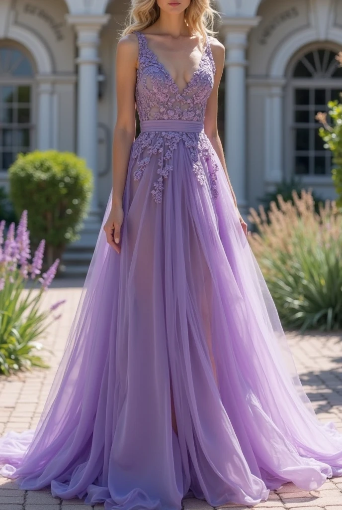 Create an image of a model wearing a lilac short prom dress with a purple slides chunky 4 inch heels 
