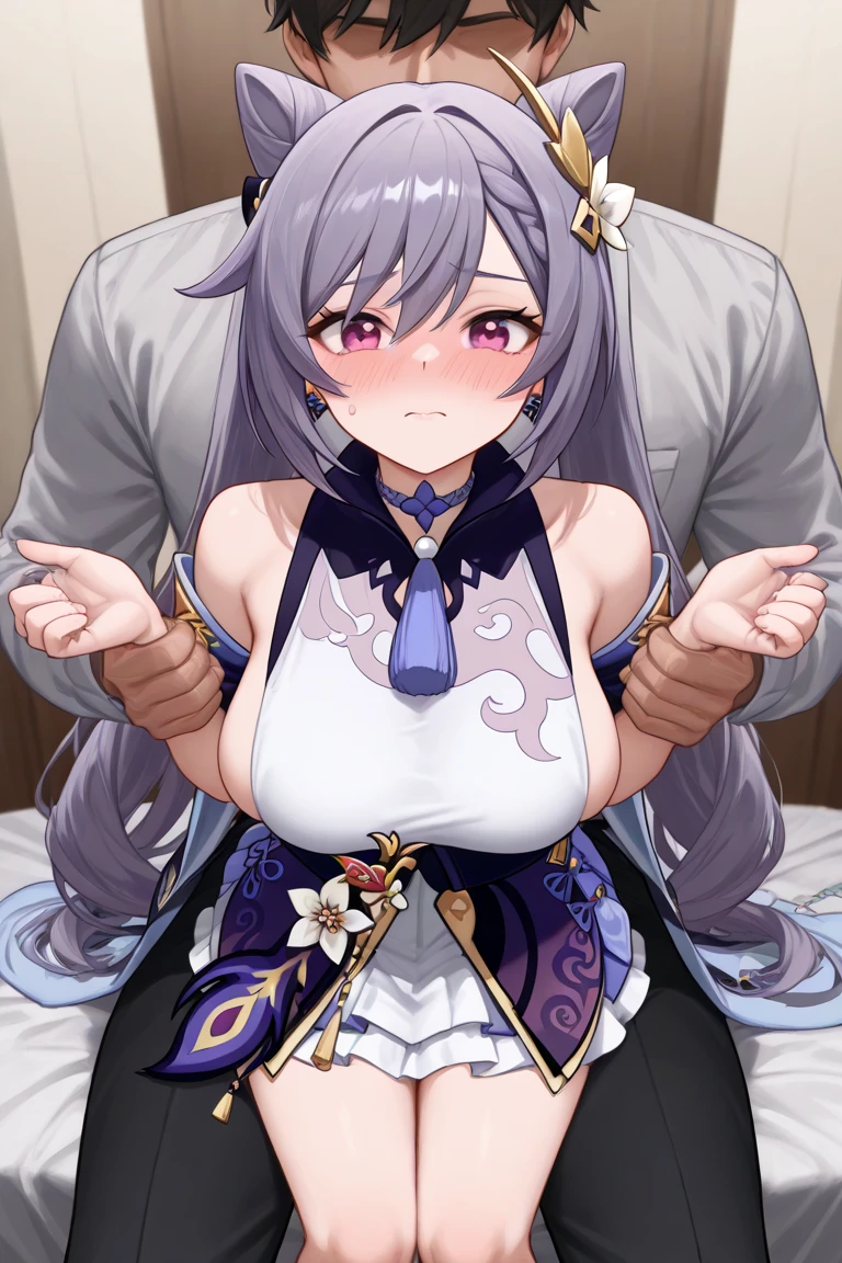 keqing (genshin impact), 1girl, long hair, breasts, hair ornament, 1boy, bow, navel, twintails, medium breasts, sitting, purple eyes, purple hair, hetero, hair bow, censored, barefoot, solo focus, pants, indoors, hair bun, mosaic censoring, from side, black pants, oral, seiza, cone hair bun, pants pull