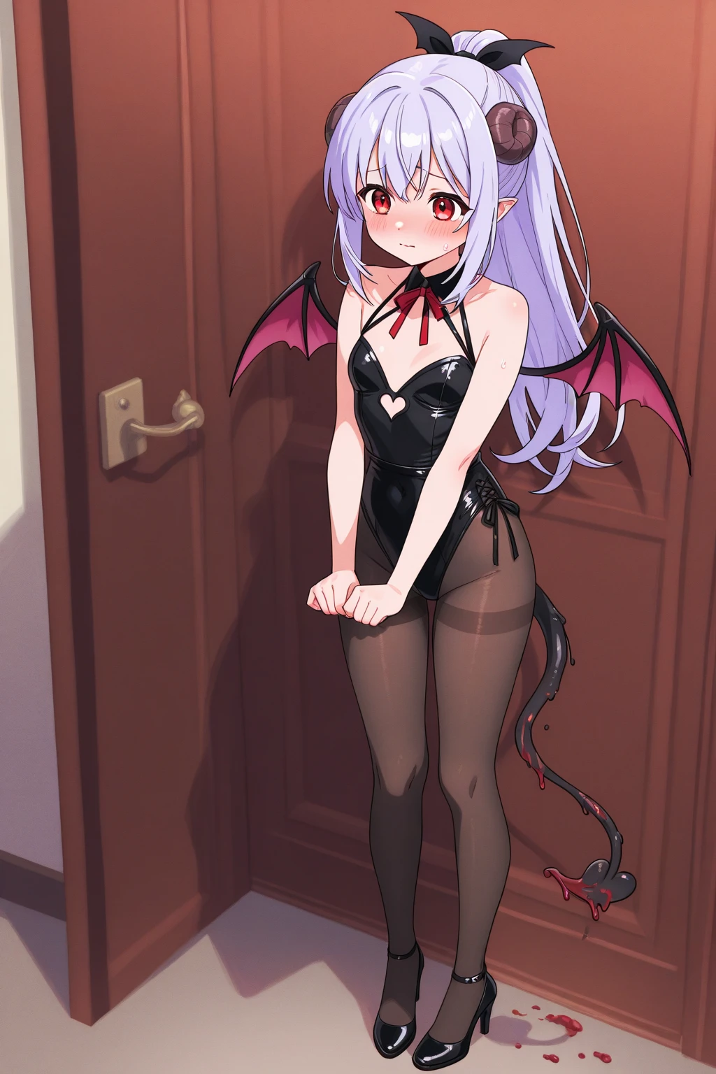best quality, highres, ultra-detailed, Shamsiel_Shahari, 1girl, solo, breasts, fang, mischievous, full body shot, standing. tail, demon_girl, demon_wings, leaning_forward, downblouse,