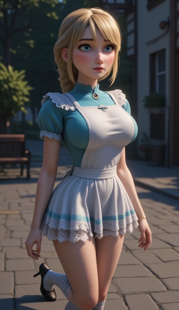 Hyper realistic a portrait of Alice, Beautiful woman, big blue eyes, pink lips, fair skin, and light blonde, thick, medium-length hair held back by a black ribbon tied in a bow. Her outfit is a tiny cerulean and light blue short-sleeved knee-length skirted dress with a matching collar, and a white pinafore apron on top, with a bow tied in the back of her apron. Underneath her dress, she wears a white petticoat, a pair of white tights, and a frilly white knee-length and matching pantalettes. wear a striped black and white stocking and black high heel. Voluptuous body, revealing neckline. detailed clothes. Dynamic pose. Intricate detailing throughout the attire, inspired by the artistic styles of Jean Baptiste Monge, Carne Griffiths, Michael Garmash, Seb McKinnon. Utilize HDR to capture the full range of detail and light in your aerial photographs, making them appear more vibrant and realistic." & "create a high-quality, ultra-detailed 8K rendering. the image should be photorealistic. utilize photon mapping and physically based rendering techniques for a realistic appearance." the setting is during the midnight, a blurred bokeh background. photorealistic details: "employ photorealistic details for the central figures in an icon, while maintaining a stylized background for a unique blend of realism and symbolism.
