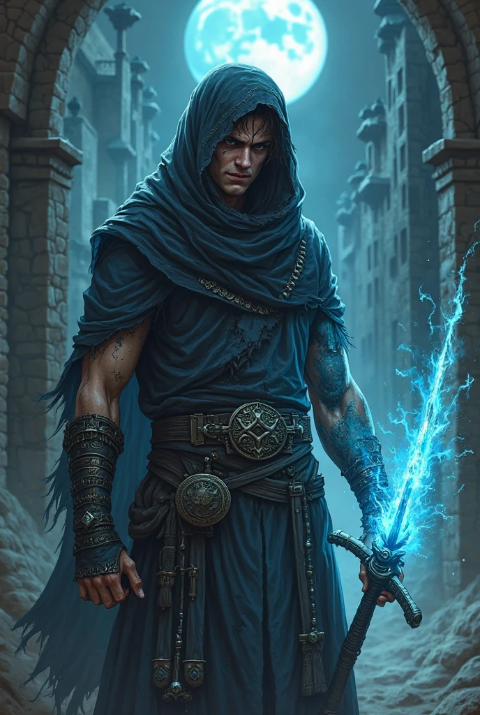 Generate a character named Orion in a post-apocalyptic setting, he has medium black hair, deep dark blue eyes ,pale skin, athletic body. Orion has a closed personality, its power and electricity. he is young, about 20 years old, but has a more mature and square face and wears worn and dirty clothes