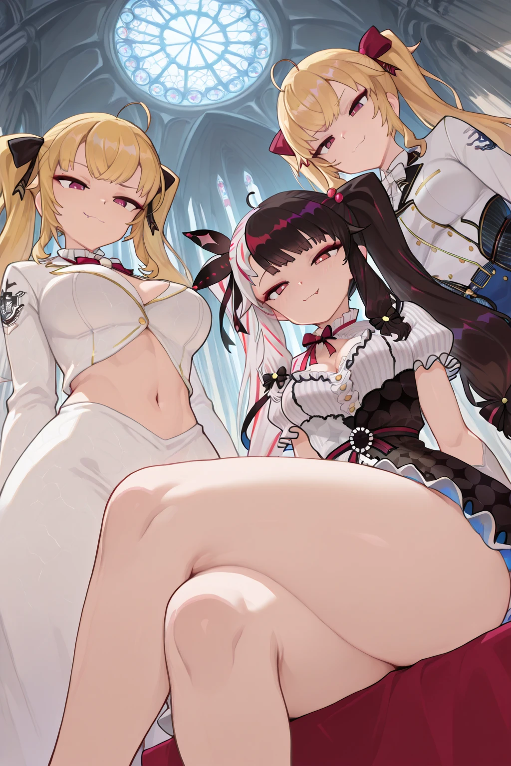 best quality, super fine, 16k, extremely detailed, delicate and dynamic, cute woman,A detailed eye, source_anime, high detail, (focus panties), (I look up at the five girls from the ground.), (Five girls are standing in a circle around me, looking down at me.), circle, (seductive grin), (5 giant girls), (angle from below), 5 young face, (thighs), 5panties, belly button、(angle from under 5 girls), baby face,angel wings, blond hair,calm smile, angel girl, Standing Footjob, POV 