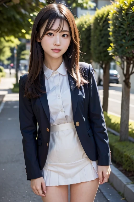 Woman in a suit standing on the sidewalk,((25-year-old woman))、Big Breasts、Dark brown hair color、Hairstyle with bangs、Various hairstyles、Hairstyles of different lengths、(8k, RAW Photos, highest quality, Tabletop: 1.2),、(Realistic, Realistic: 1.3), Cityscape,office district, Day, Sunny Morning, Professional Lighting, Photon Mapping, shirt, (Woman in a suit:1.1), ((dark Blazer:1.2))、A-line skirt、(Tight Skirt:1.3)、necklace, ((Delicate photo))，(Detailed RAW Photos of Girls), (Tabletop:1.25), (highest quality:1.3), (high resolution:1.4), (Realistic:1.75), 8k resolution, Canon EOS R5, 50mm, absurdes, Ultra-detailed,Cinema Lighting, (Skirt Lift:1.4)、nsfw、smile、(race red panties), Skirt flipped up、(full body shoto)