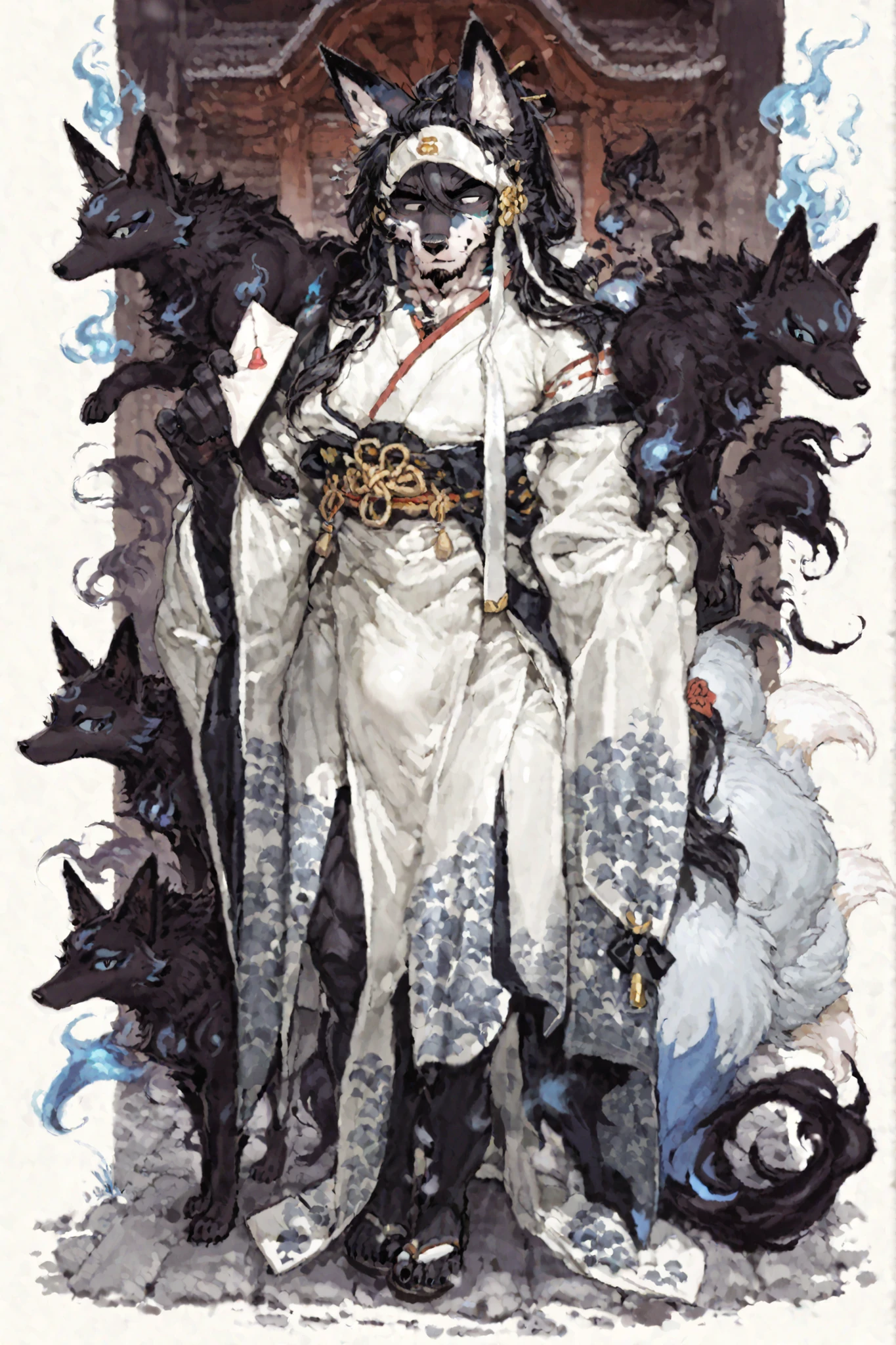 A middle-aged man's demon fox,A male fox with nine tails,is handing a love letter to the nine-tailed fox,black body,wearing blue flames,Strong body ,strong masculine appearance .The Japanese costume of the priest,short black hair,A splendid beard