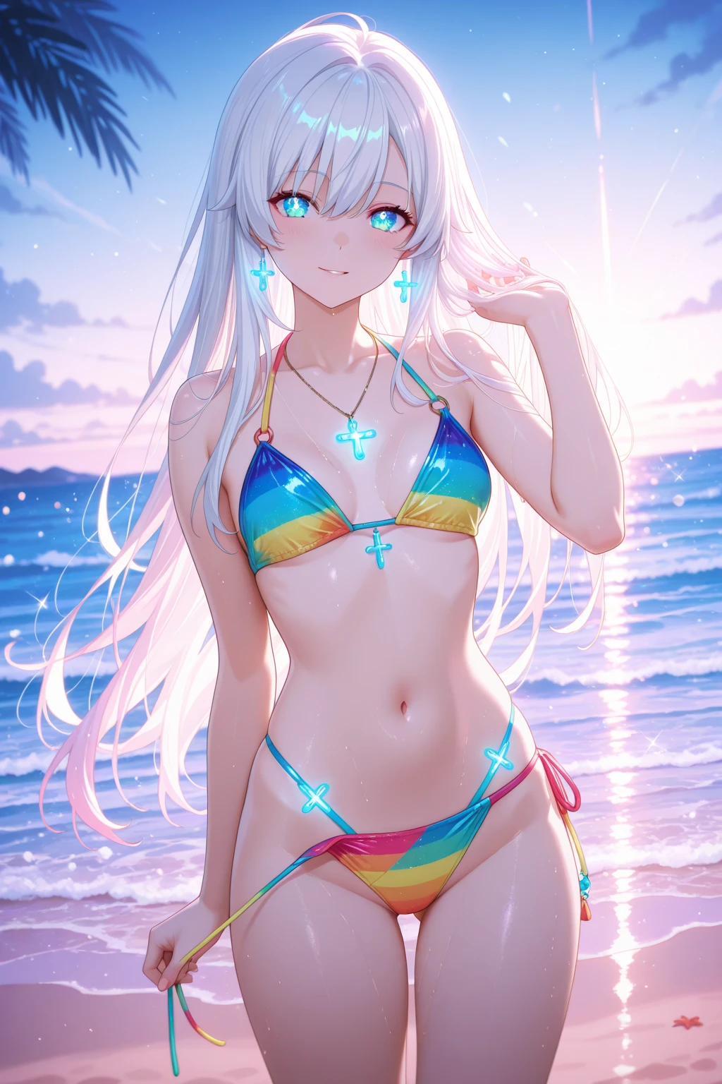 1 girl in, (masutepiece: 1.1), (Best Quality: 1.1), Colorful bikini, (Beach: 1.1)、From below、Cowboy Shot, Silver hair, Long hair, Green eyes, Side view,