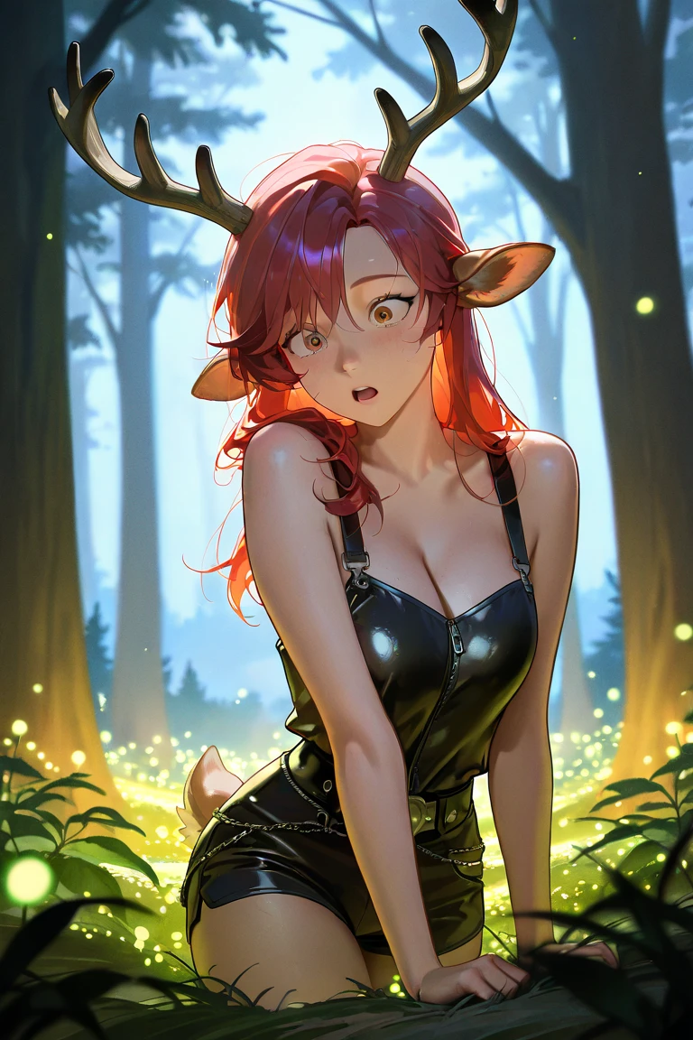 Short shocked Female deer with pink fur long Pink hairs and glowing Green eyes wearing Black bra and panties looking at her hand while other hand is on her breast there is some traces of magic floating around her she is in a forest she is right after gender change