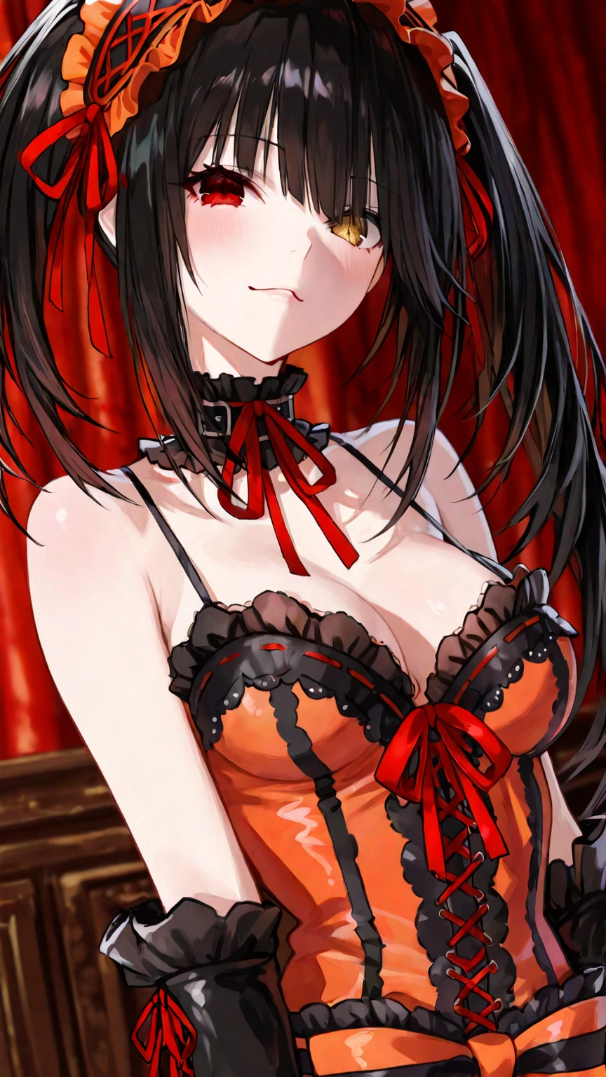 score_9, score_8_up, score_7_up, source_anime, kurumitokisaki, kurumi tokisaki, black hair, red eyes, long hair, twintails, yellow eyes, hairband, heterochromia, dress unbuttoned, red dress unbuttoned, bare shoulders, collarbone, choker, bowtie, red bowtie, detached sleeves, corset unbuttoned, frills, cleavage unbuttoned,sitting,legs open, looking at viewer, cowboy shot, dutch angle,showing naked breasts, medium  breasts, showing naked breasts ,naked breasts nipples,semi naked,loli,short height,(cowboy photo: 1.5)