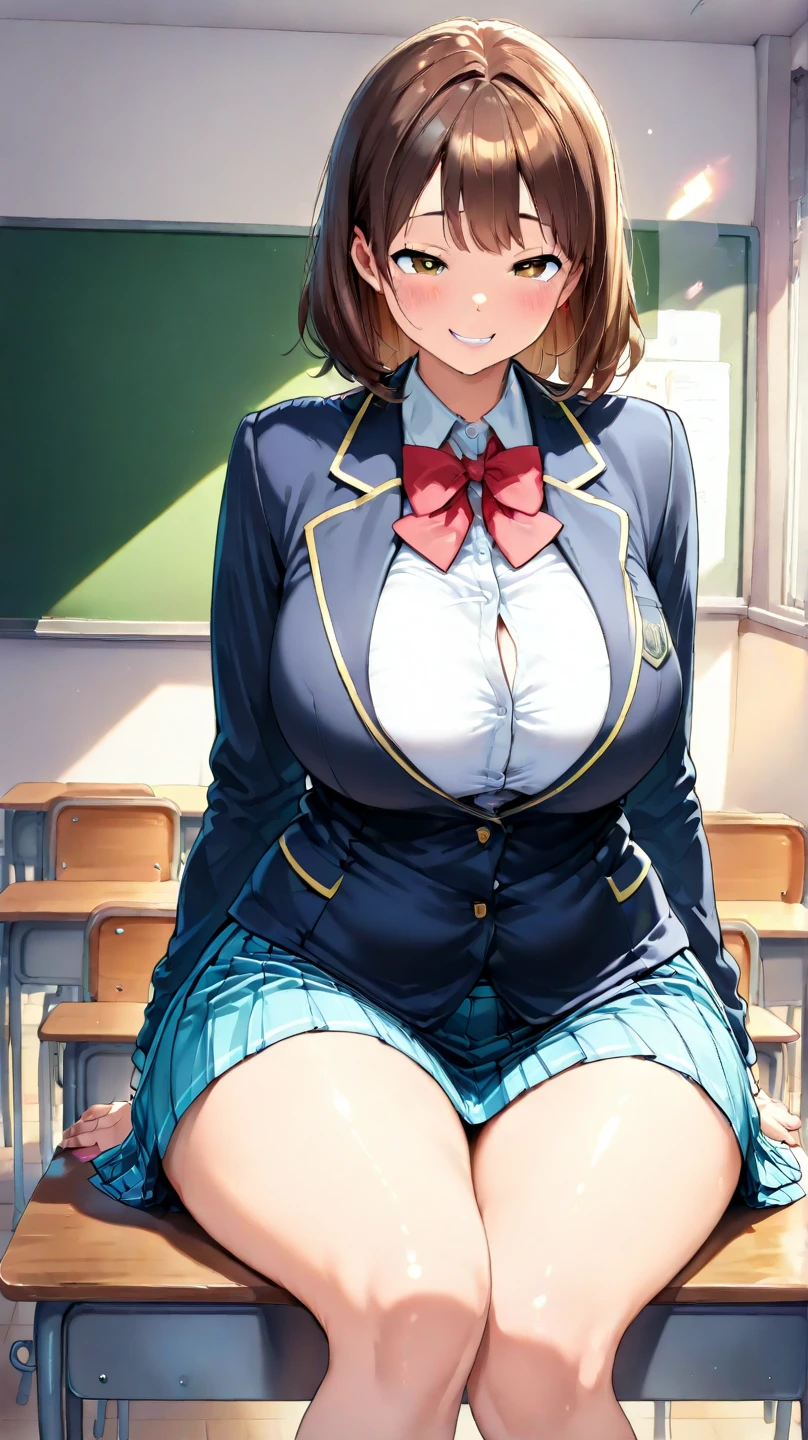masterpiece, best quality,high resolution、realistic、Detailed、((extremely delicate and beautiful fabric):1.3)、 8k、large boob、 1girl, solo, skirt, jacket, shirt, blue eyes, white shirt, necktie, green necktie, black hair, pleated skirt, socks, diagonal-striped necktie, open jacket, open clothes, striped necktie, collared shirt, black jacket, black skirt, striped, blazer, short hair, long sleeves, bangs, , black socks, diagonal stripes, hairband, hair ribbon, ribbon, blue hairband, dress shirt, bow,  cowboy shot, smile,cleavage、ondesk、classroom、(skirt lift:1.5)、(side tie white panties:1.5)、(kneeling:1.5)、