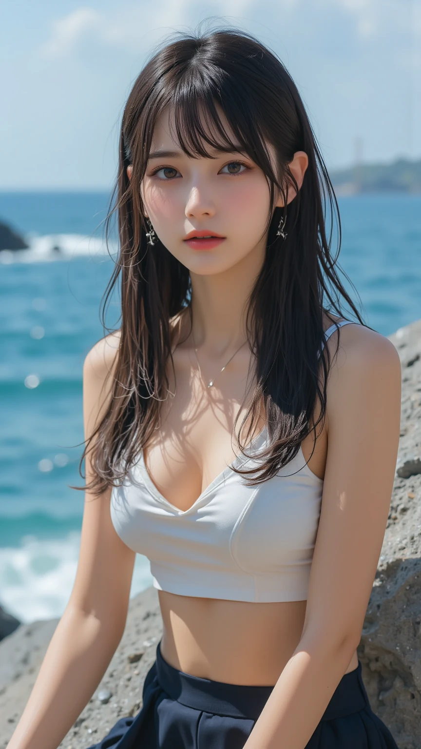Beach,resort,white bikini,Close up face,One woman,masutepiece, The highest image quality, High quality, the background is clear,Beautiful woman, Japanese, Detailed, Detailed eyes, Detailed skin, Beautiful skin, 超hight resolution, (reality: 1.4),Very beautiful woman, Slightly younger face, Beautiful skin, slender, (Ultra photo realsisim), (hight resolution), (8K), (Very detailed) (beautifully detailed eyes), (super detailed), (Detailed face), view the viewer, Fine details, Detailed face, Staring straight ahead, Staring straight ahead, photos realistic, Bright lighting, Professional Lighting, Black hair,poneyTail,a baby face,fifteen years old,Hairstyle: ponytail,Long ponytail hairstyle,slight smile,neat and tidy clothing,Beautiful Japanese KPOP idol photo, hair style is ponytail, my eyes are double and wide, baby face, smile and look straight ahead, slender, small breasts,Close up face,