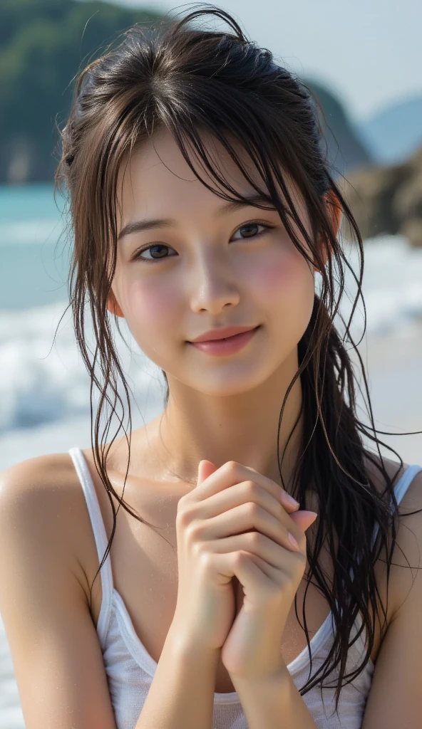 (masterpiece, best quality:1.4), (8k, raw photo, photo realistic:1.2), (shiny skin), detailed skin, detailed face, detailed eyes, 8k portrait, smiling Japanese woman, 18 years old, Brown eyes , (), (wet with water), Black micro bikini, Brown Long straight hair, beach, (jump), Loving gaze towards a lover, full body, Sun light