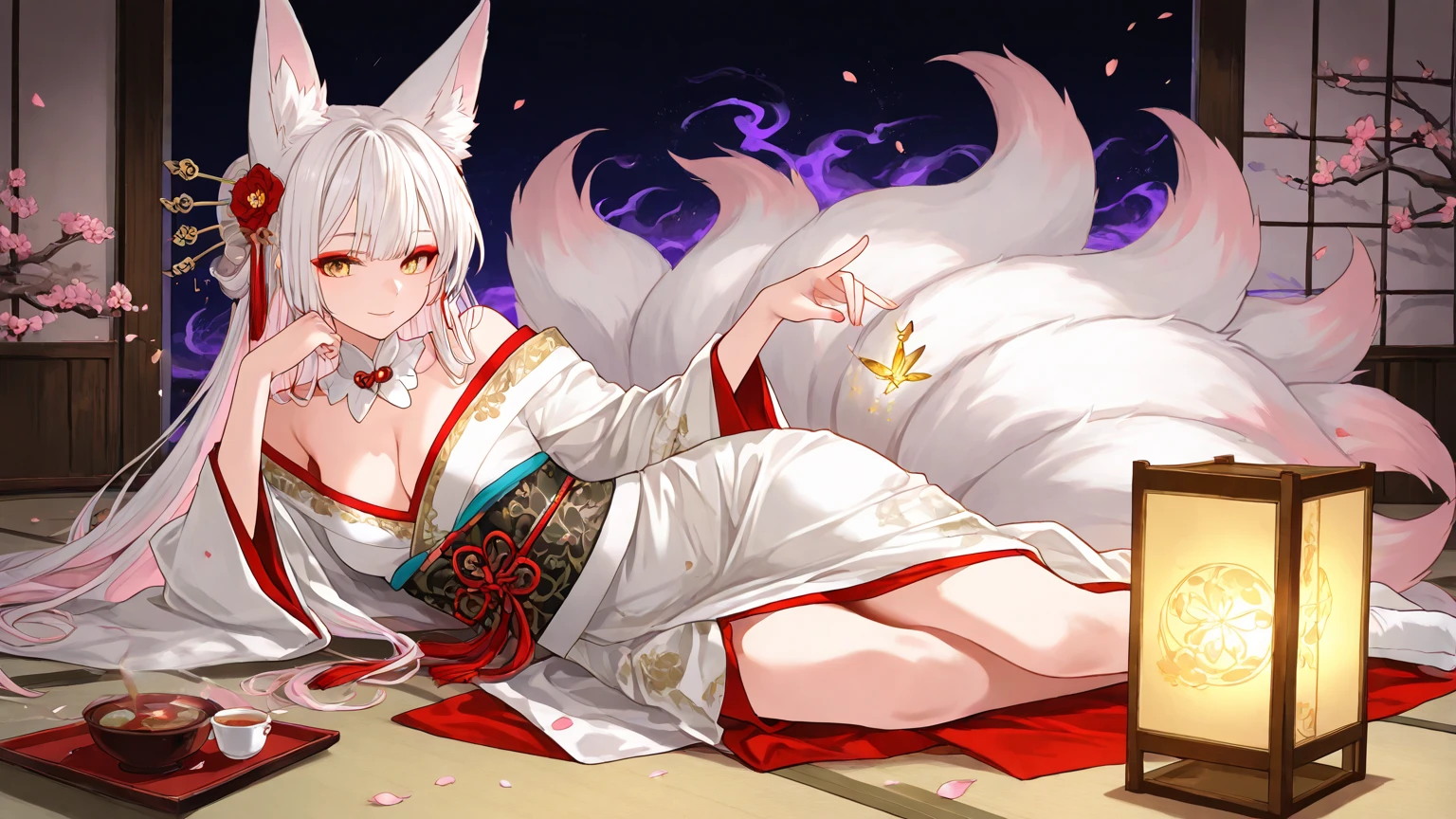 a sexy milf, has very long white hair, breasts, showing cleavage, has fox ears, wearing sakura kimono, in a gypsy tent, reading a crystal ball and surrounded by tarot cards, surrounded by candles, mystical, showing legs, sitting on cloth laden stool, has a table in front of her, has a fox tail