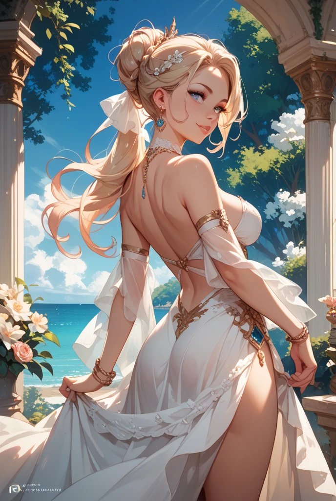 masterpiece:1.6, best quality:1.4, real picture:1.2, intricate details:1.2, 1lady, (solo:1.5), 
Appearance: milf:1.25, slender:1.2, green eyes, small breast, flat chest, sharp eyes, 
Clothing: (simple white maxi slip-on dress:1.2), wide-brimmed hat, strappy sandals, drenched, wet, (see-through:1.2)
Accessories: golden ring, simple hoop earrings, shell necklace, oversized sunglasses,
Hair: long blonde hair, messy hair, hair bow, hair ornament, 
Makeup: masacra, natural, glowing skin, 
Location: outdoors, nature,
Behavior: ass, from behind, back, ButtLift, pose, ass support, grabbing own ass,