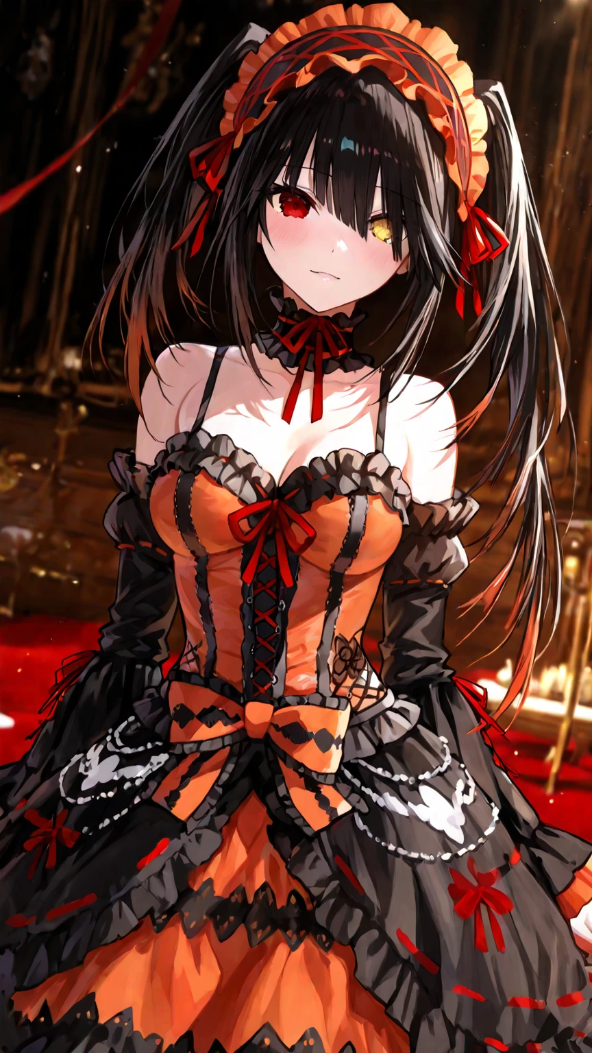 Kurumi Tokizaki is a beautiful young woman and has the appearance of an exuberant 16-year-old teenager. She is described as a "royal beauty", she has fair and shiny skin, heterochromatic red and gold eyes that make them very seductive, and fine facial features. Her jet black hair is tied into two pigtails, letting others see her face. She is wearing a black and red evening dress along with a large gothic style skirt. On the upper part of her torso she has a ribbon decorated with lace. She wears long lace gloves. Her breasts are a C cup. She is standing backstage at a Japanese school, under the cover of the darkness of night illuminated by a faint crimson light from the blood moon.