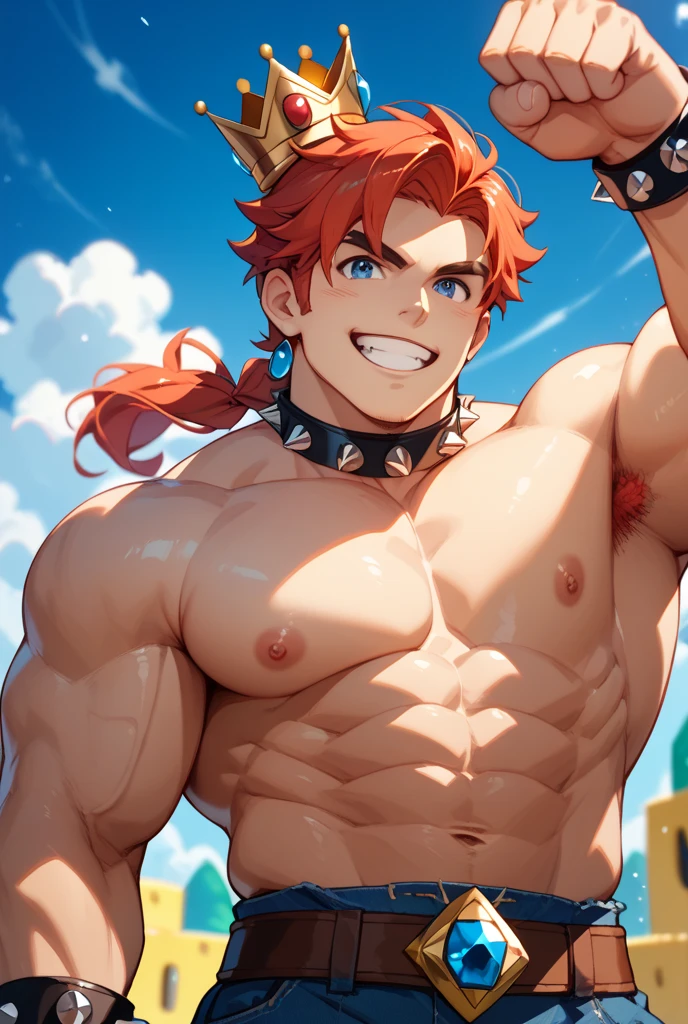 Pose simples, Handsome boy, naughty man, definitive chin, brawny, Red hair, Eyes red,  boy-3! In the forest by day, Genshin.
