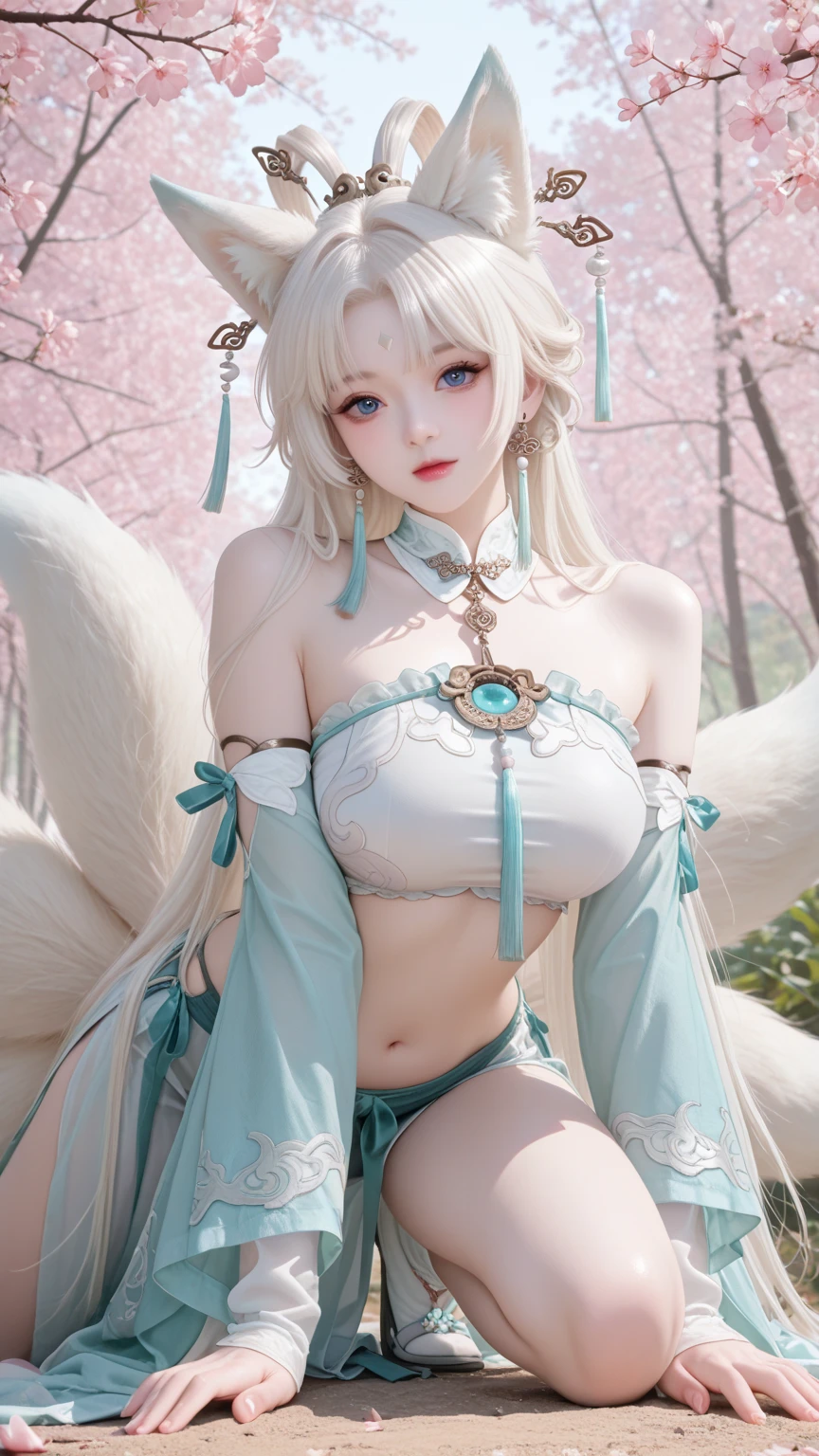 1girl, solo, cat girl, (cinematic, mega big boobs, silver flower shape Pasties:1.5), Sexy big boobs, The ultimate beautiful girl at 20 years old, Very beautiful face, sexy woman, Bangs between the eyes, Long bangs that extend to the eyes, Nose and Mouth, The most beautiful platinum blonde hair in the world, Super long straight hair, Glowing big beautiful light blue eyes, White and beautiful shiny skin, lightsmile, G-string panties, cat tall, big ass, thick thighs, flower garden