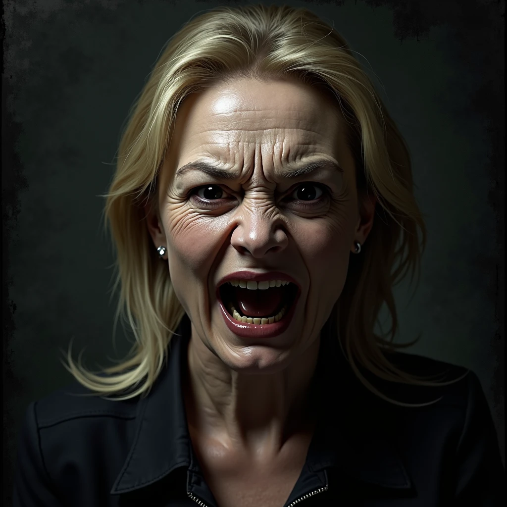 photo of a skinny very old wrinkly-faced faced mature blonde messy long hair thrown into a messy bun ponytail. She wears: (turtleneck soft high ribbed dark green super tight sweater:1.1),   pose, high tight ribbed neck,  smile, perfect fake tits,  eager granny, teasing sexy old lady, mouth retractor gag