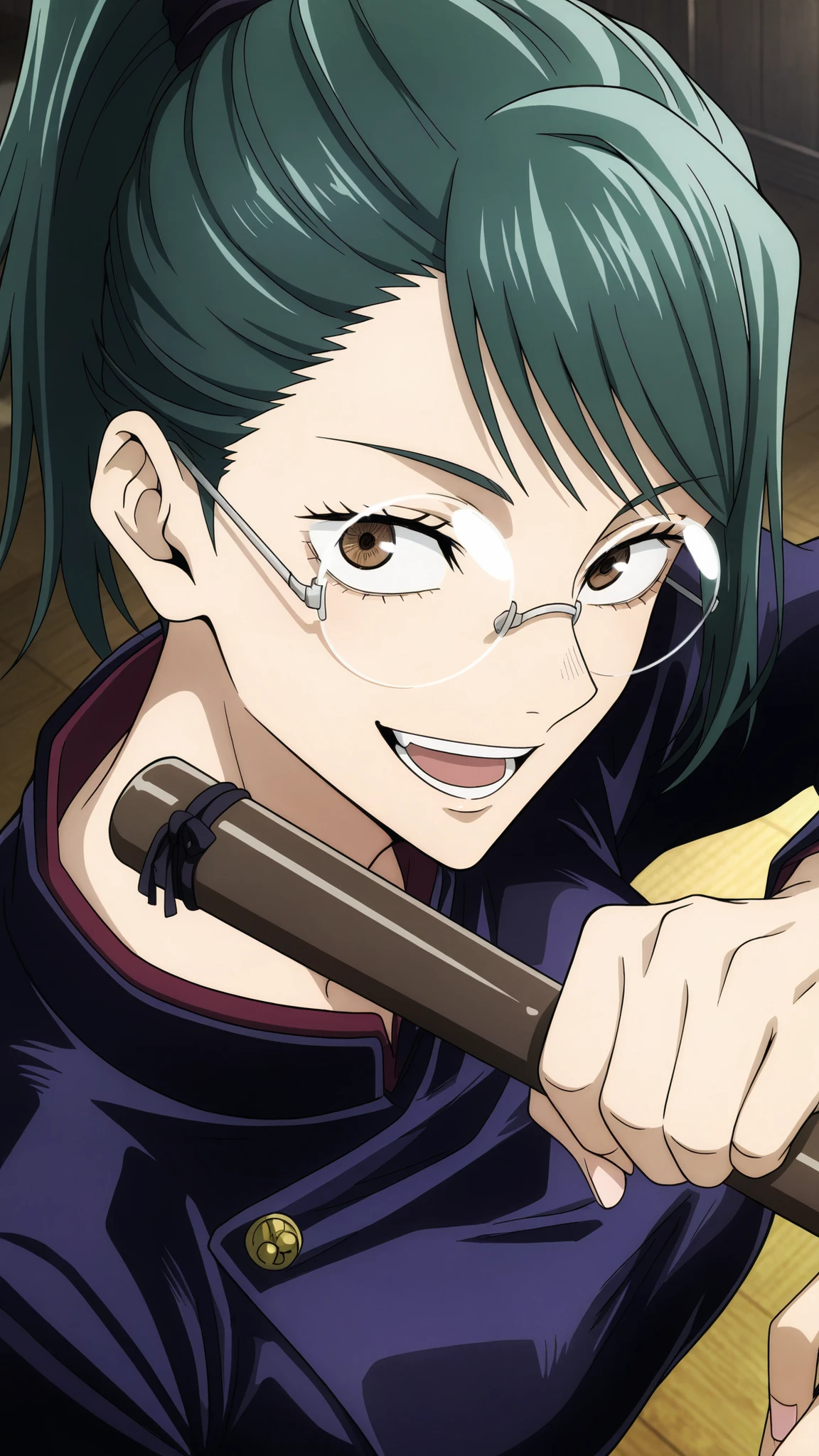 maki zenin,jujutsu kaisen
High quality ,  best quality , masterpiece,  High Resolution , detailed face( LoRA: maki),anatomically correct, detailed hair Style( LoRA: maki),anime Coloring,
solo, 1 girl,
brown eyes, glasses, green hair, ponytail,, breast,
school uniform,  
looking at viewer ,close up,upper body,from above
, Japanese-style room
 , smile,open mouth
,